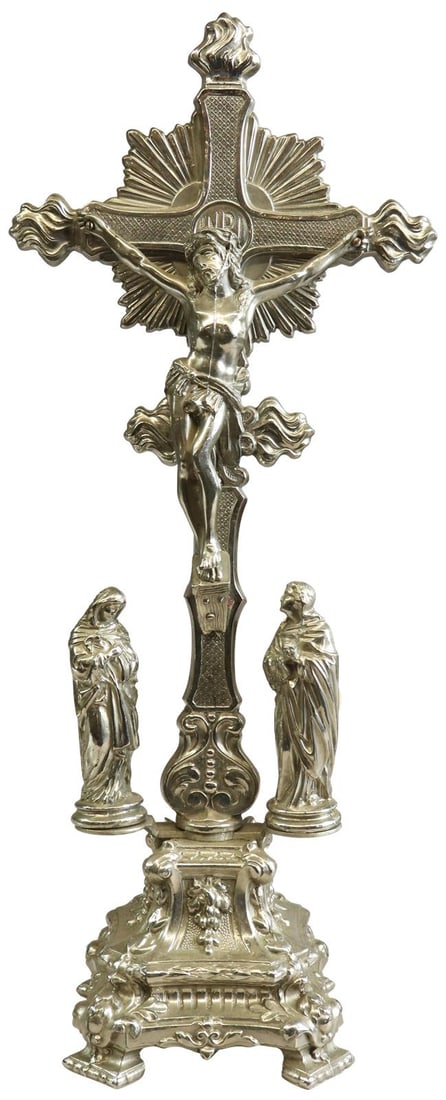 Large Antique Metal Crucifix Rococo Style 1900 Religious Art (1 of 9)