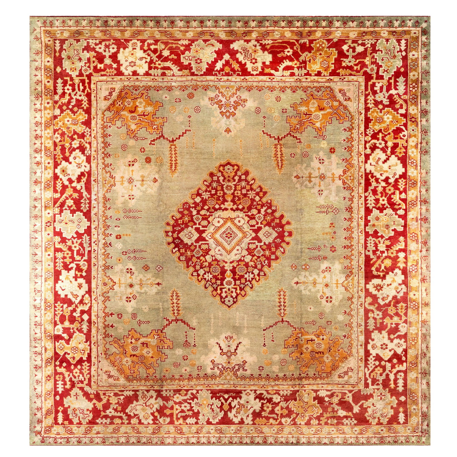 Antique Oushak Rug 13'8" x 15'3" Green Red Hand-Woven Turkish Wool: Antique Oushak Rug 13'8" x 15'3" Green Red Hand-Woven Turkish Wool Discover the beauty of this large square antique Oushak rug, crafted in early 20th century Turkey. Featuring a stunning light green f