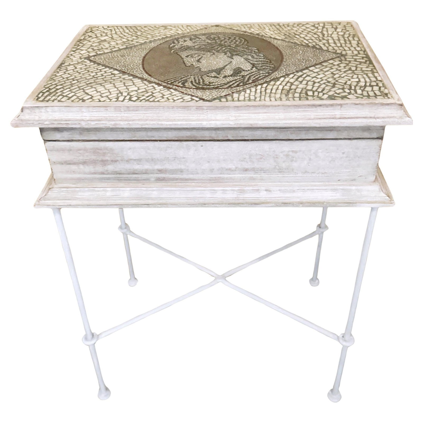 Italian Mosaic Box Table with Polychrome Wood and Wrought Iron Base (1 of 11)