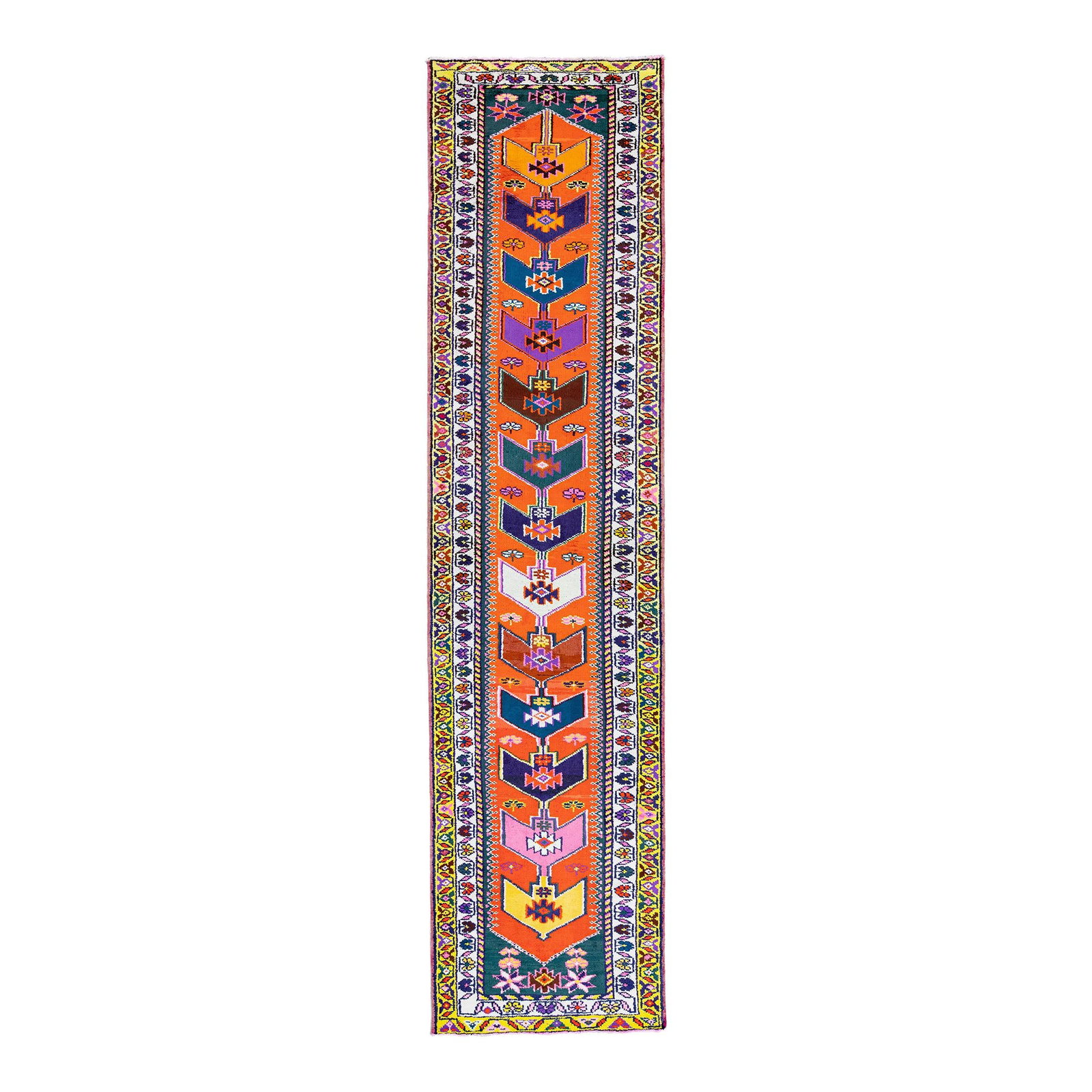 Vintage Turkish Handmade Wool Runner Orange Tribal Design 3'2" x 13'5": Vintage Turkish Handmade Wool Runner Orange Tribal Design 3'2" x 13'5" This stunning vintage Turkish hand-knotted wool rug showcases a vibrant orange field adorned with a beautifully designed white an