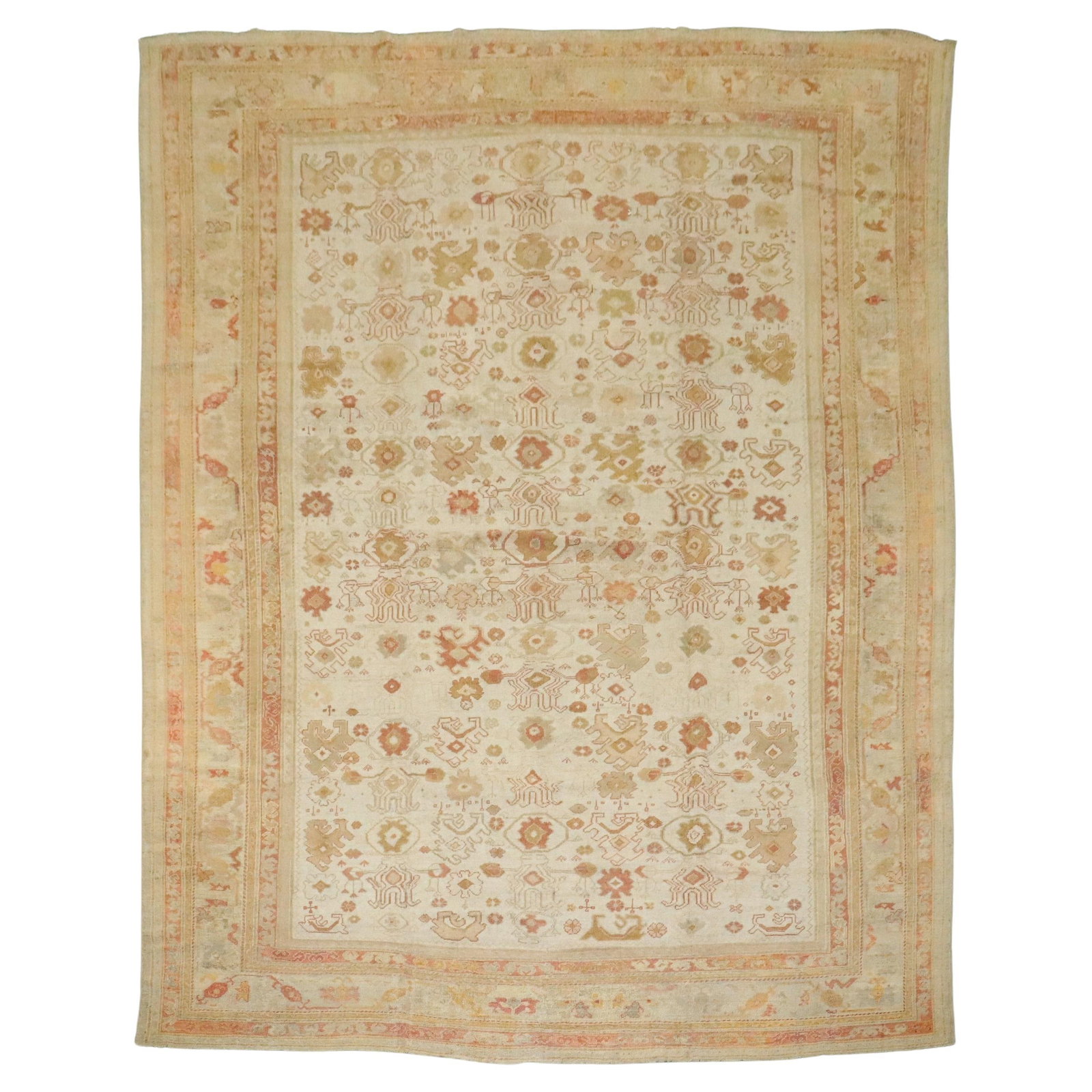 Early 20th Century Turkish Oushak Carpet in Ivory Wool 11'1 x 14'4: Early 20th Century Turkish Oushak Carpet in Ivory Wool 11'1 x 14'4 This large ivory Turkish Oushak rug from the early 20th century features a highly decorative all-over field design. Hand-woven from w
