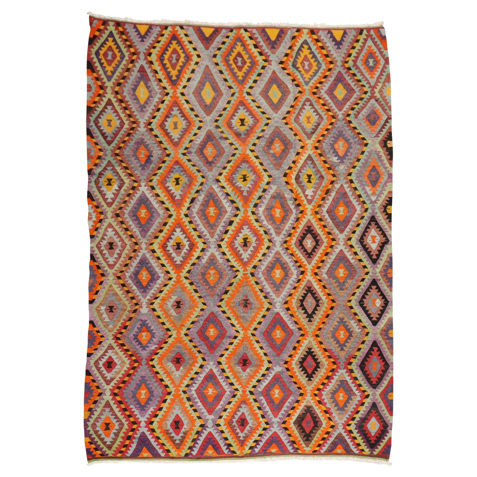 Mid-Century Bohemian Turkish Kilim Hand-Knotted Wool 72 x 102: Mid-Century Bohemian Turkish Kilim Hand-Knotted Wool 72 x 102 Discover the beauty of this unique mid-century Turkish Kilim, hand-knotted with vibrant colors that embody the essence of Bohemian style.
