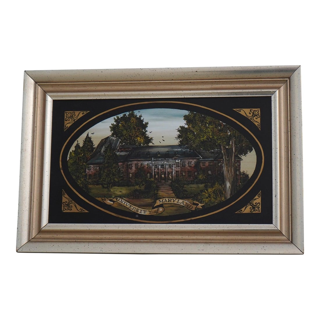 Eglomise Reverse Painted University of Maryland Glass Panel in Silver Frame (1 of 8)