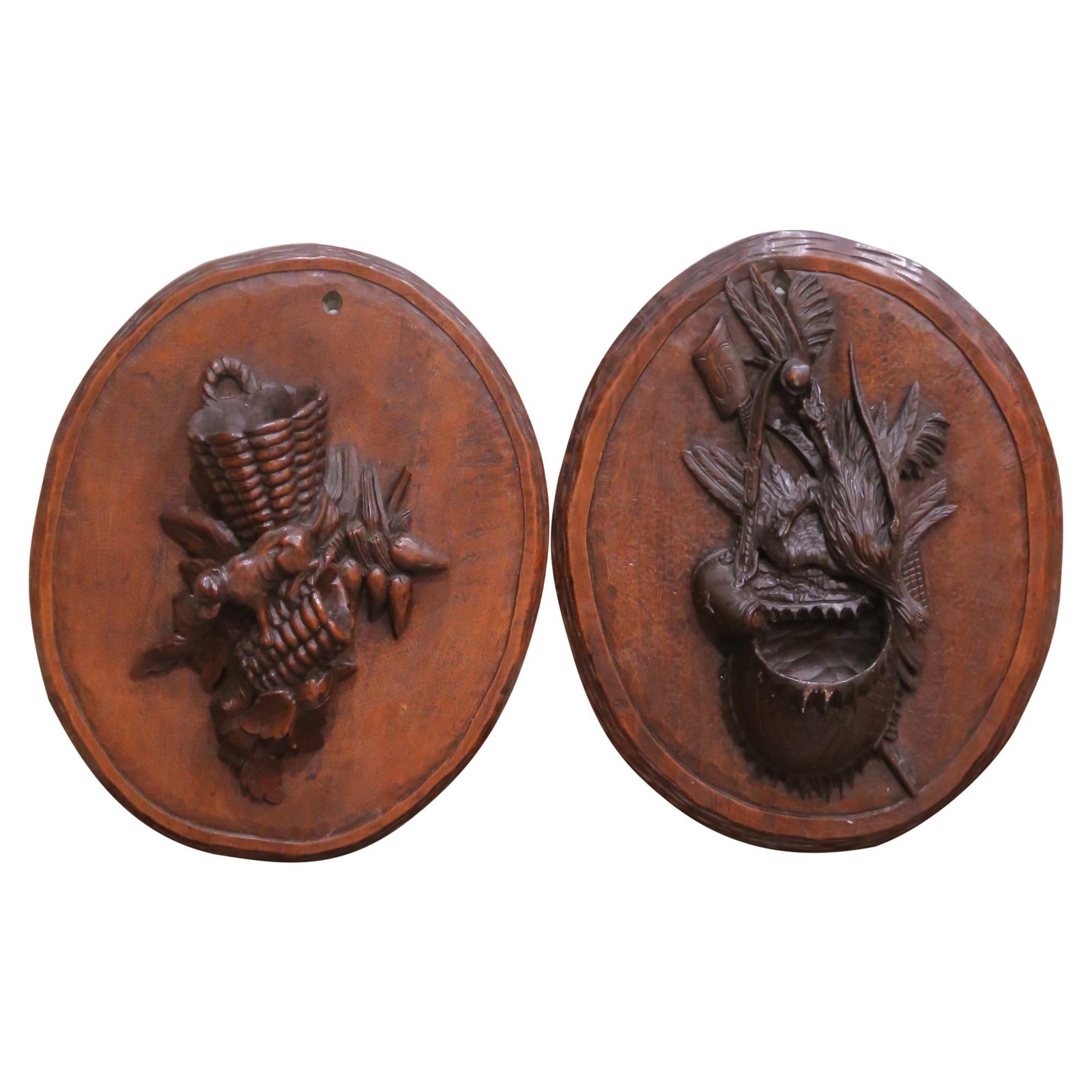 19th Century French Black Forest Hand-Carved Walnut Wall Plaques Set of 2 (1 of 10)