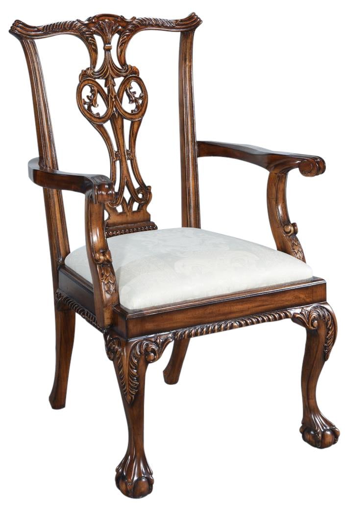 Thomas Duocone Chippendale Arm Chair Traditional Mahogany White Fabric: Thomas Duocone Chippendale Arm Chair Traditional Mahogany White Fabric This elegant arm chair by Thomas Duocone embodies a timeless design with antique and vintage influences. Crafted with a