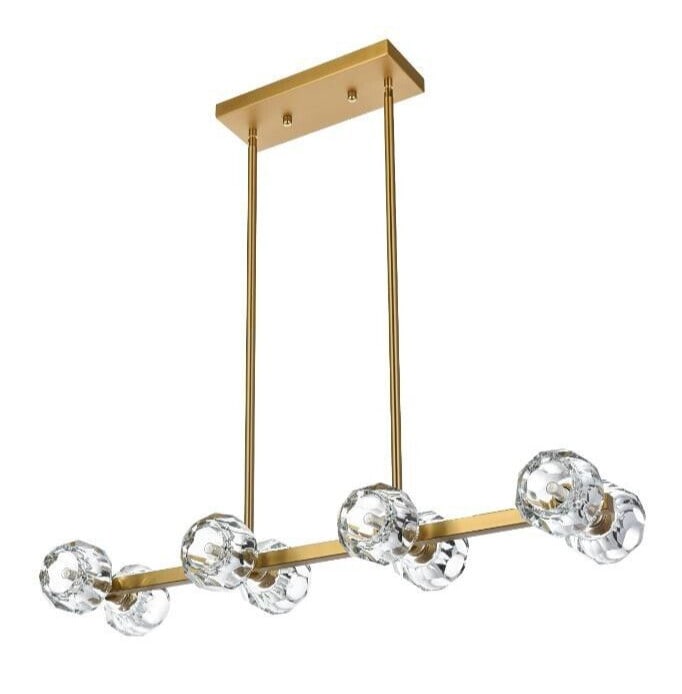 Eren Modern 8-Light Chandelier With Crystal Shades in Satin Gold 31 Inch: Eren Modern 8-Light Chandelier With Crystal Shades in Satin Gold 31 Inch The Eren 8-light chandelier features a modern satin gold finish and faceted crystal glass shades, creating a luxurious and