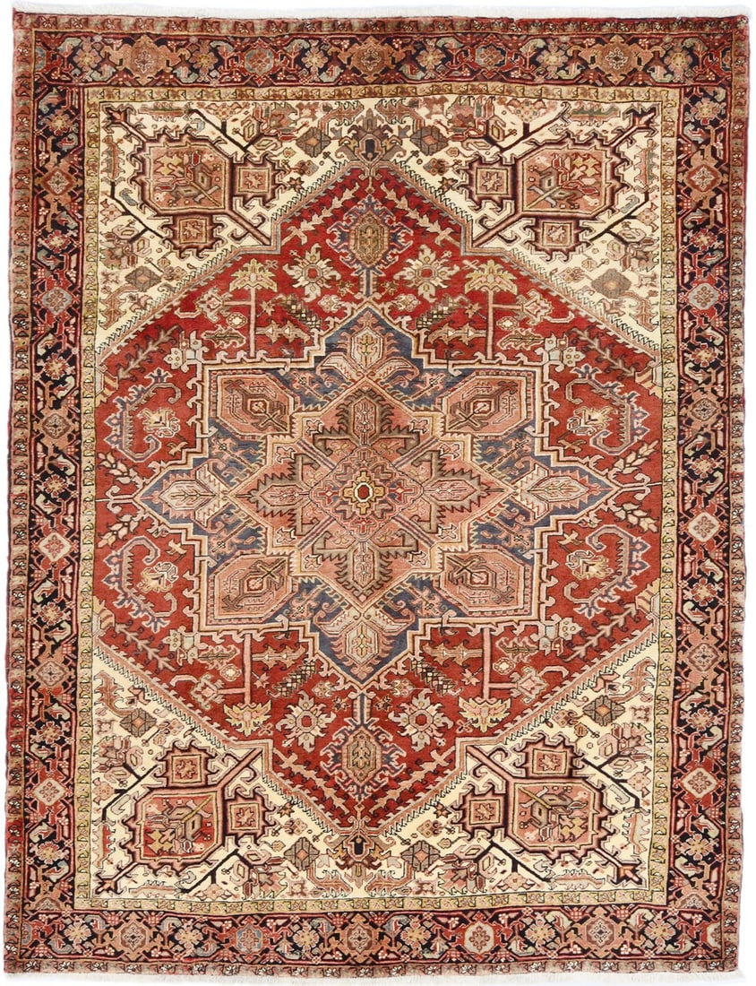 7x9 Vintage Hand-Knotted Serapi Oriental Rug Geometric Design: 7x9 Vintage Hand-Knotted Serapi Oriental Rug Geometric Design Enhance your home or office decor with this stunning 7'0" x 9'2" Traditional Serapi Oriental Rug. Featuring a captivating geometric design