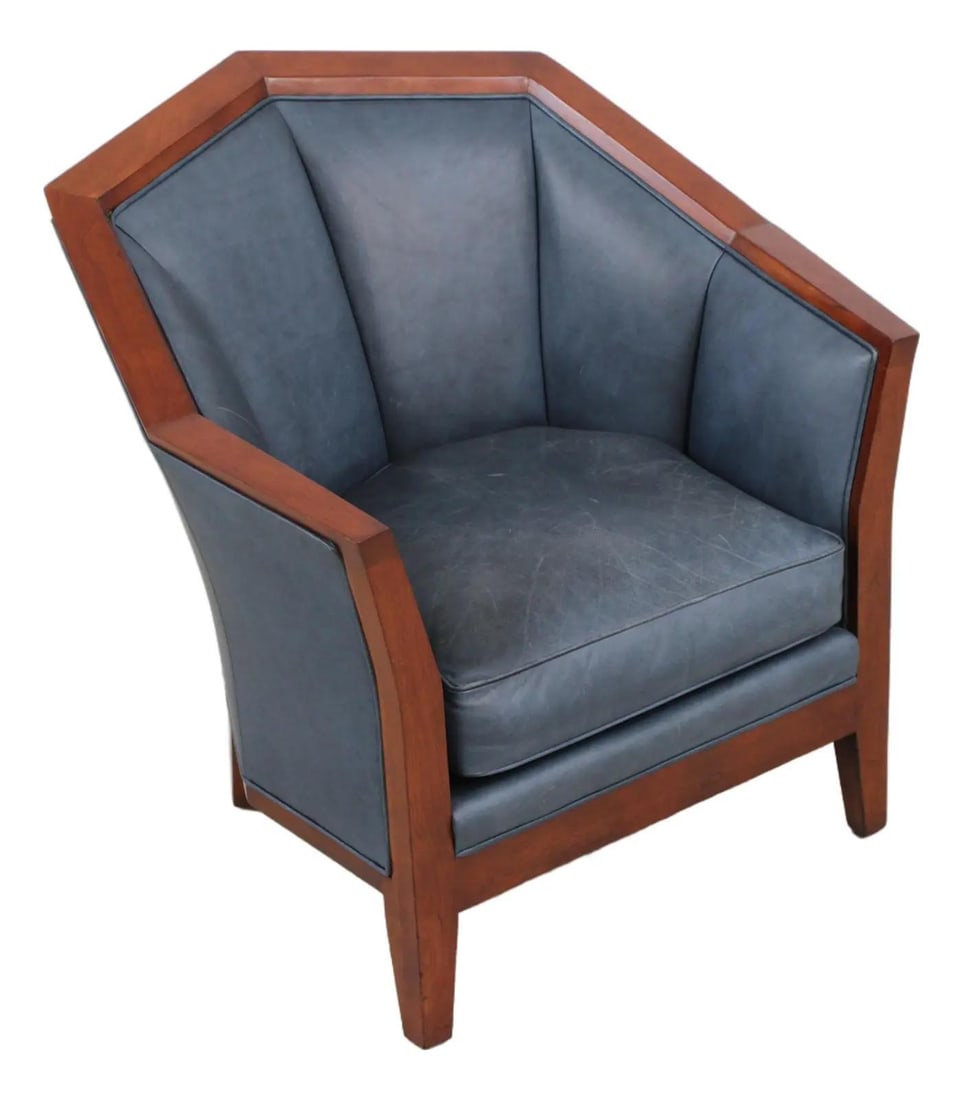 Blue Leather Club Chair With Cherry Frame By Stickley (1 of 10)