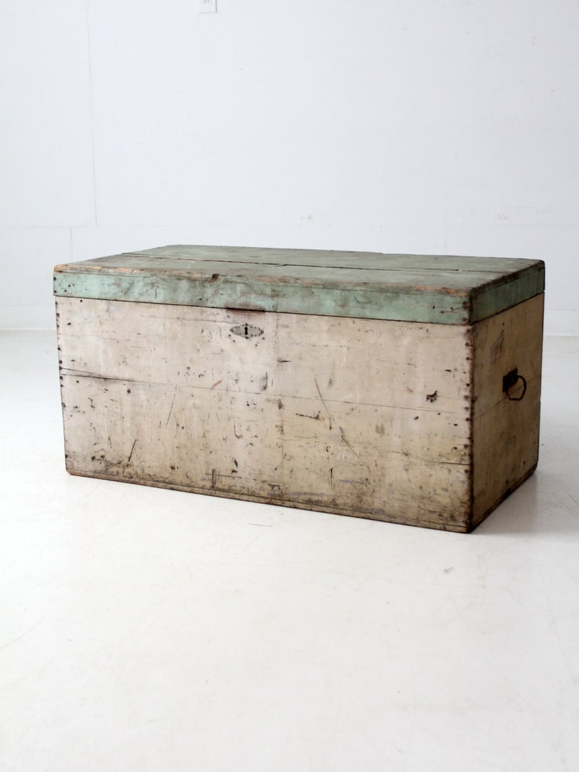 Antique Flat Top Wood Trunk Cream Mint Green 1800s (1 of 16)