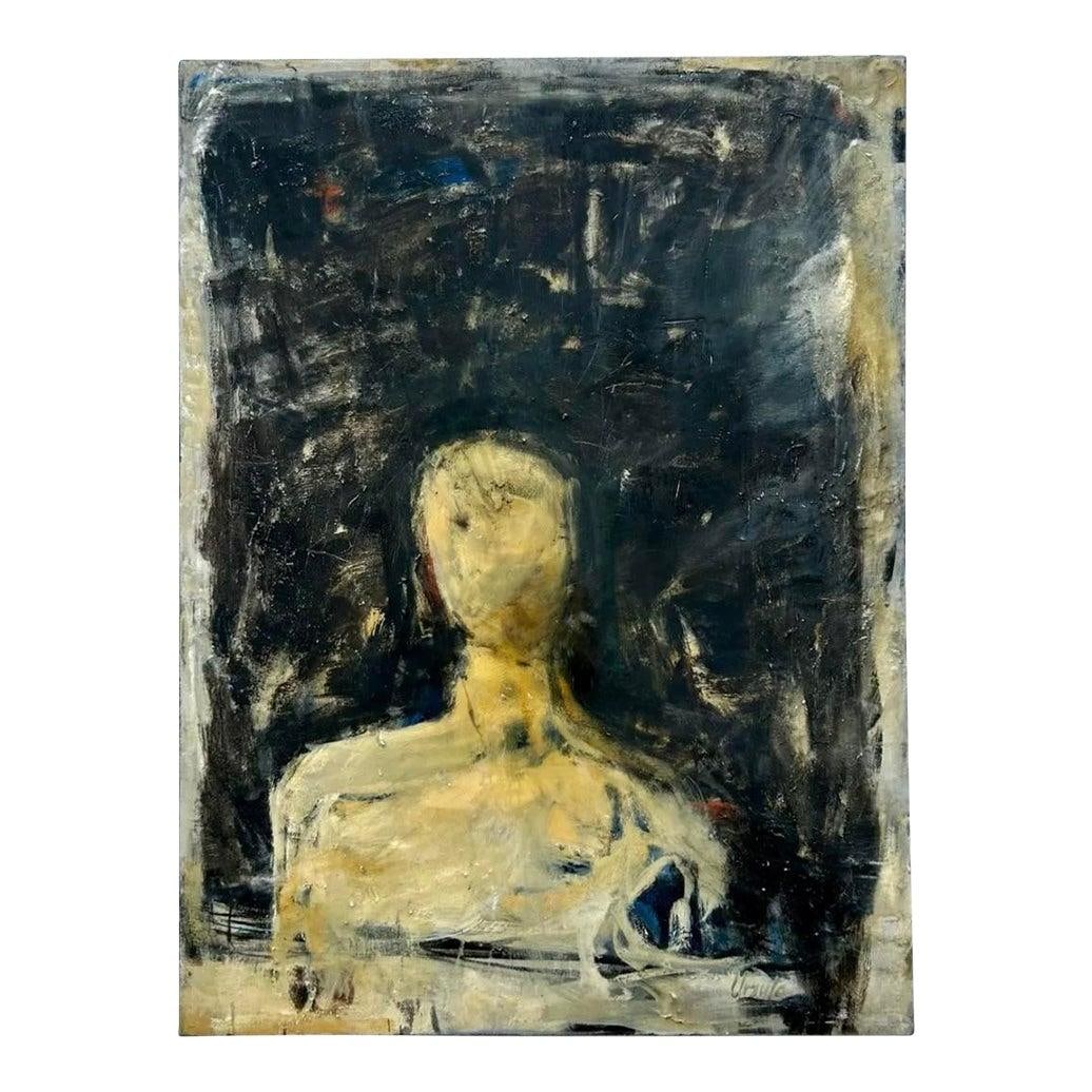 Vintage Abstract Figure Painting in Cream on Canvas: Vintage Abstract Figure Painting in Cream on Canvas This vintage Boho abstract figure painting features an expressive portrayal of a solitary, faceless figure emerging from a dark, textured background