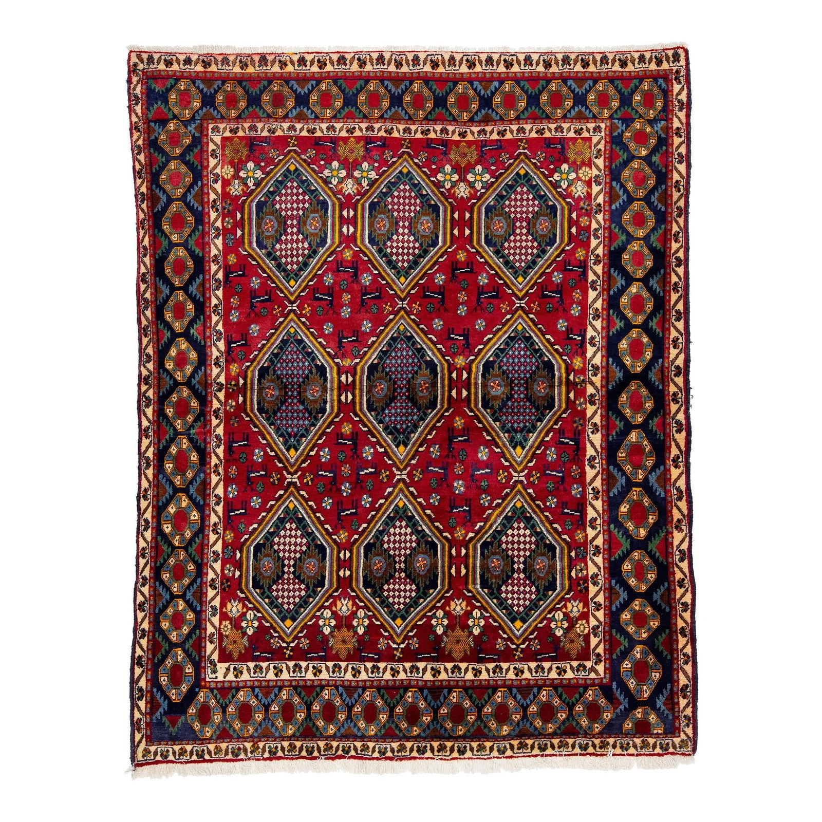 Vintage 1960s Persian Bakhtiari Hand-Knotted Wool Rug Red Geometric Pattern 4'9 x 6'2: Vintage 1960s Persian Bakhtiari Hand-Knotted Wool Rug Red Geometric Pattern 4'9 x 6'2 Enhance your space with this exquisite 1960s vintage Persian Bakhtiari rug, meticulously hand-knotted from high-qu