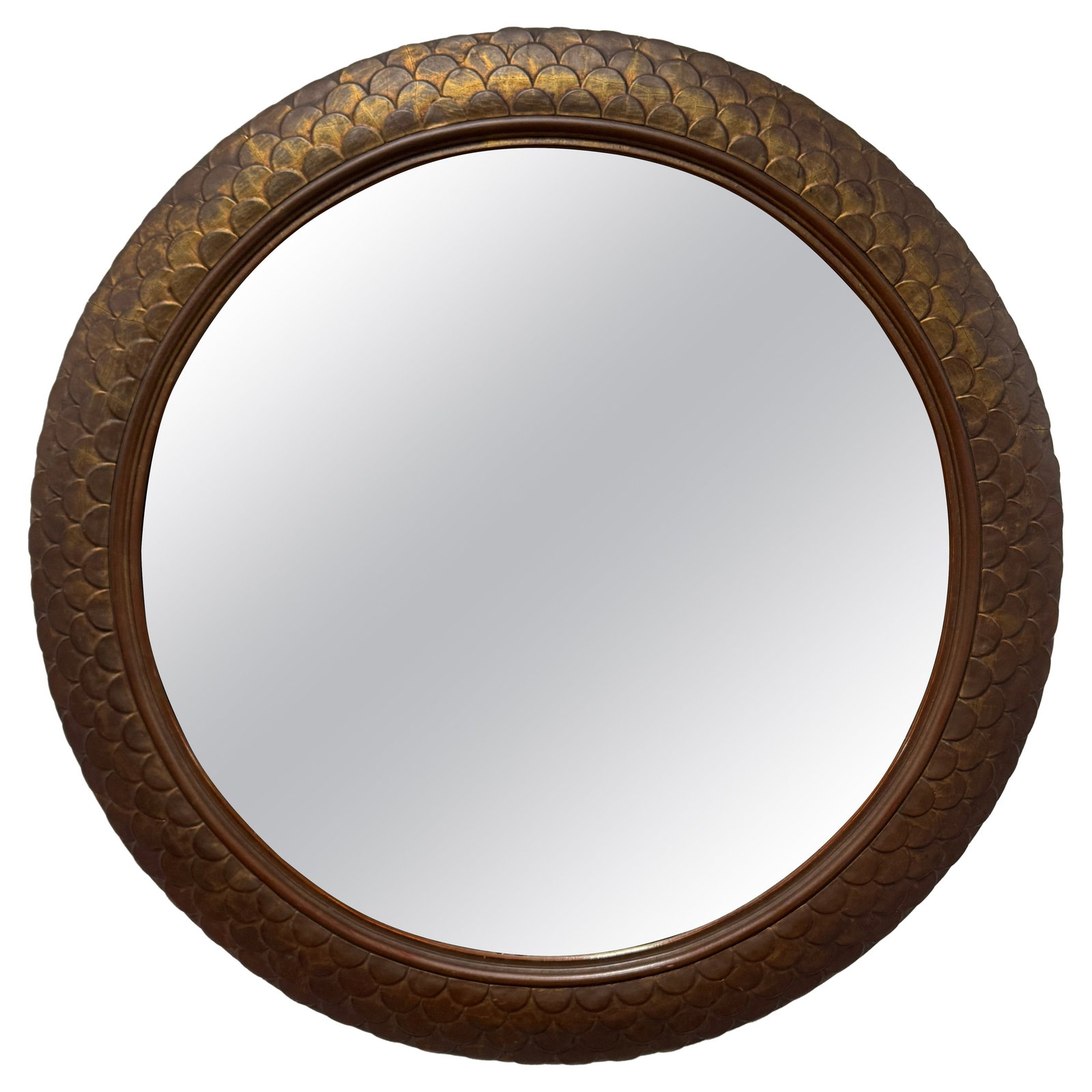 Round Giltwood Wall Mirror with Fish Scale Motif Italy 1937 Art Deco: Round Giltwood Wall Mirror with Fish Scale Motif Italy 1937 Art Deco This Italian Art Deco style mirror, dating to circa 1937, features a round design with a deeply molded giltwood frame carved in an