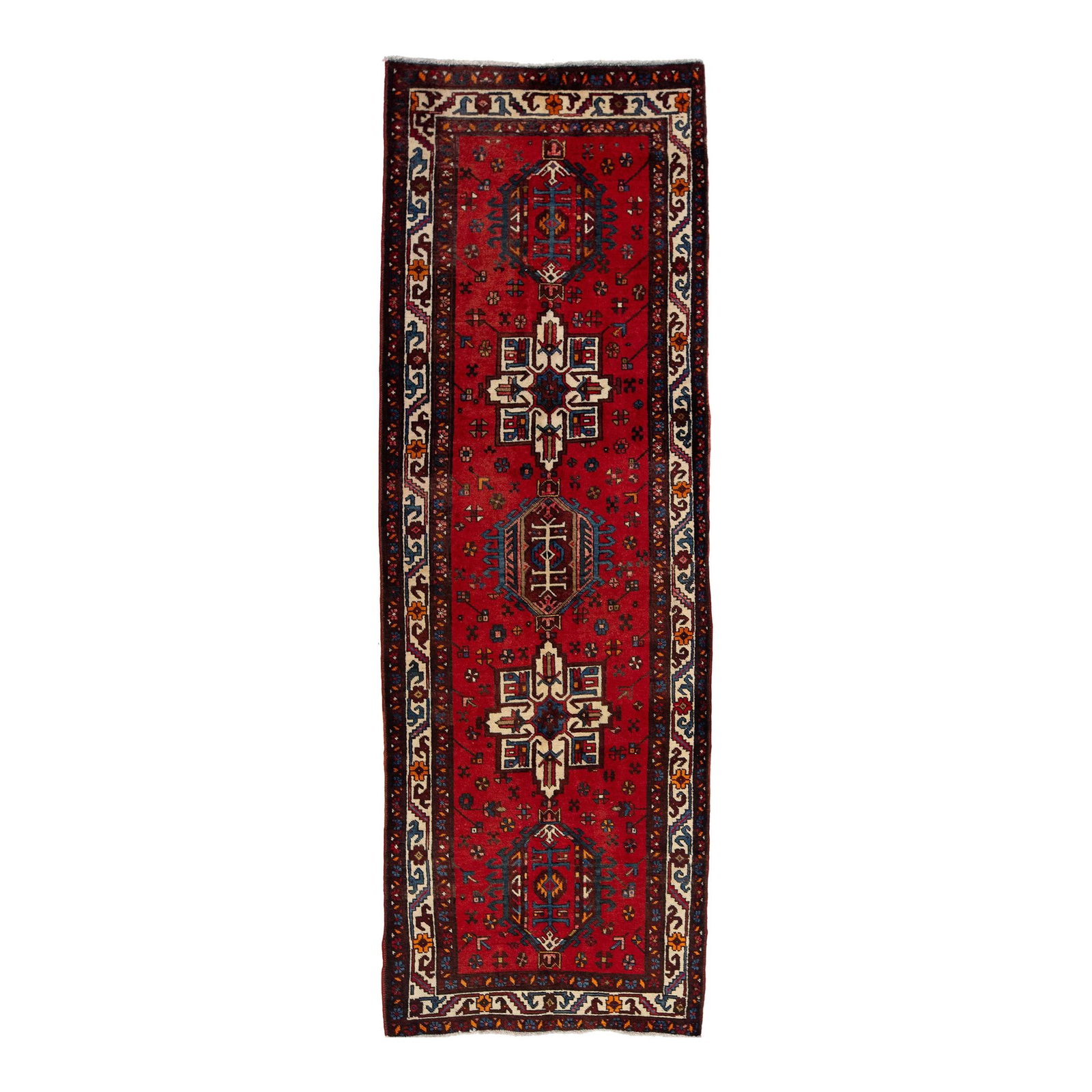 Vintage Heriz Handmade Wool Rug Red Tribal Motif 3'3 x 9'6: Vintage Heriz Handmade Wool Rug Red Tribal Motif 3'3 x 9'6 Enhance your living space with this stunning vintage Heriz handmade wool rug. Featuring a vibrant red field, this exquisite piece is adorned