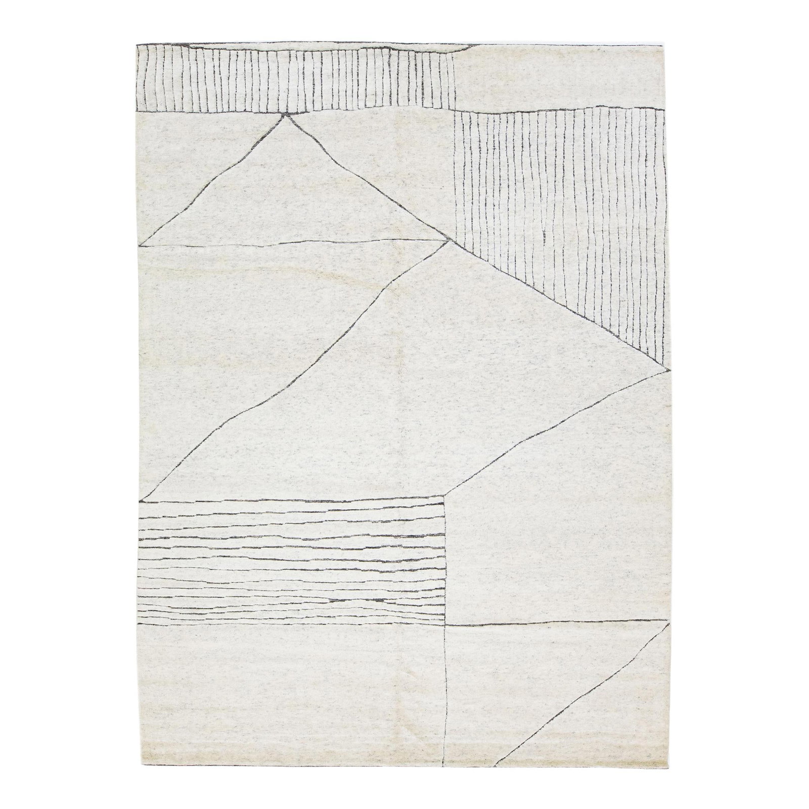 Ivory Moroccan Style Wool Rug 9' x 12'1' Geometric Design: Ivory Moroccan Style Wool Rug 9' x 12'1' Geometric Design Enhance your living space with this luxurious wool rug, showcasing a timeless Moroccan pattern in a contemporary abstract minimalist style. Th