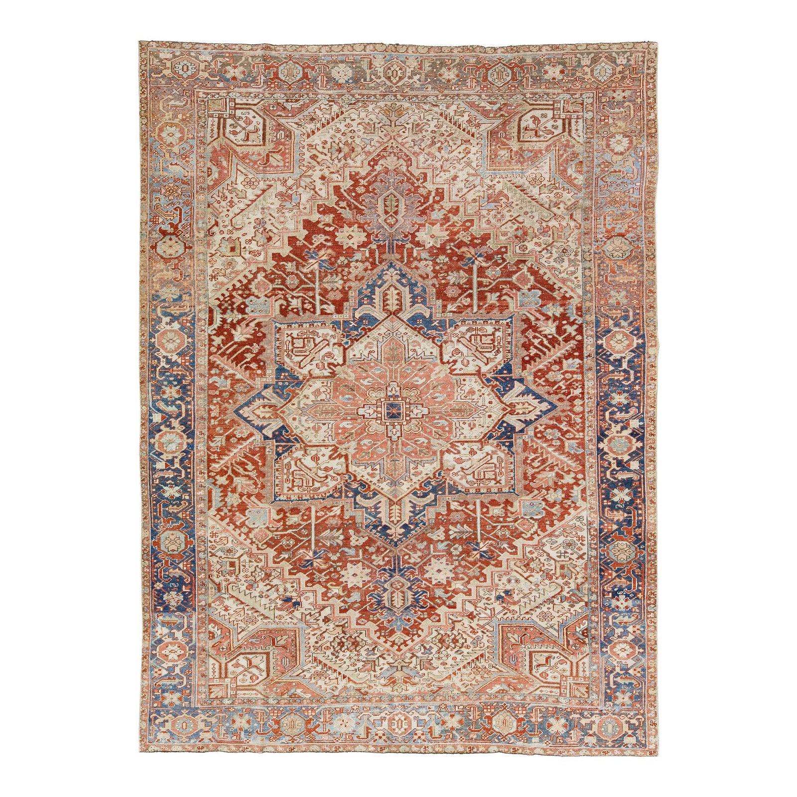 Antique Heriz Persian Handmade Wool Rug 8'7 x 11'7 Rust Blue Frame: Antique Heriz Persian Handmade Wool Rug 8'7 x 11'7 Rust Blue Frame This stunning antique Heriz Persian rug showcases a hand-knotted construction with a rich rust field, beautifully complemented by a b