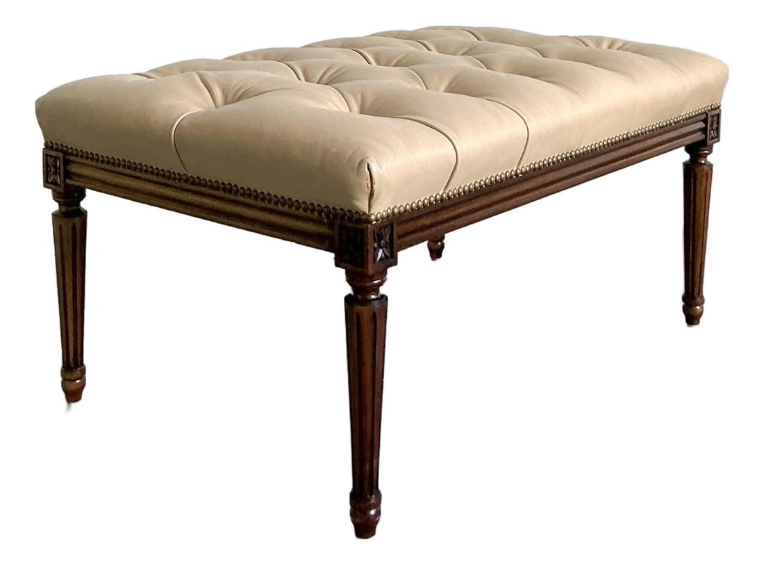Regency Style Biscuit Leather Bench With Mahogany Frame and Brass Nailhead Trim (1 of 10)