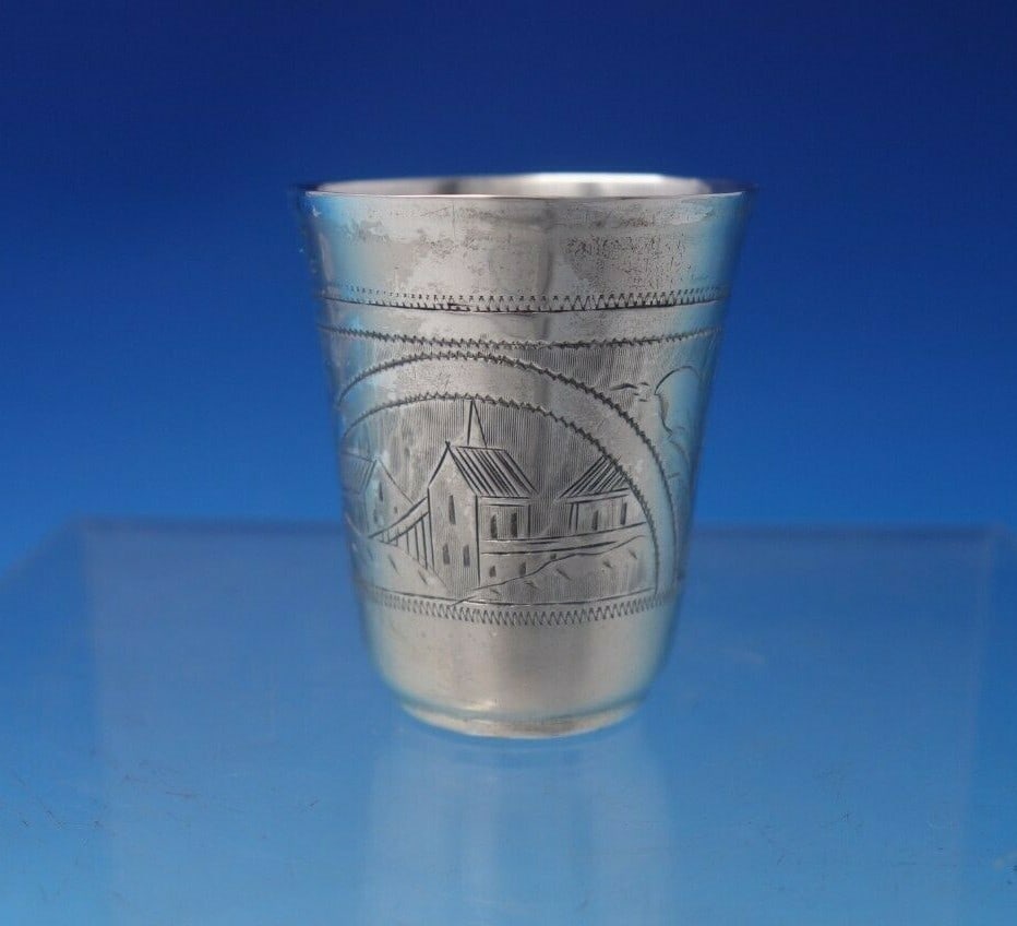 Russian 875 Silver Shot Glass Bright-Cut Church 1 3/4"x1 5/8" (1 of 5)