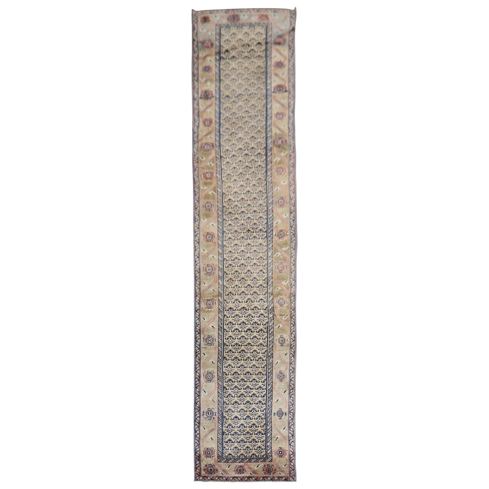 Vintage Persian Earth Tone Wool Runner 2'11" x 14'2" Hand-Woven Iran: Vintage Persian Earth Tone Wool Runner 2'11" x 14'2" Hand-Woven Iran This stunning Vintage Persian runner showcases a captivating blend of earth tones, primarily featuring navy and camel accents. Hand