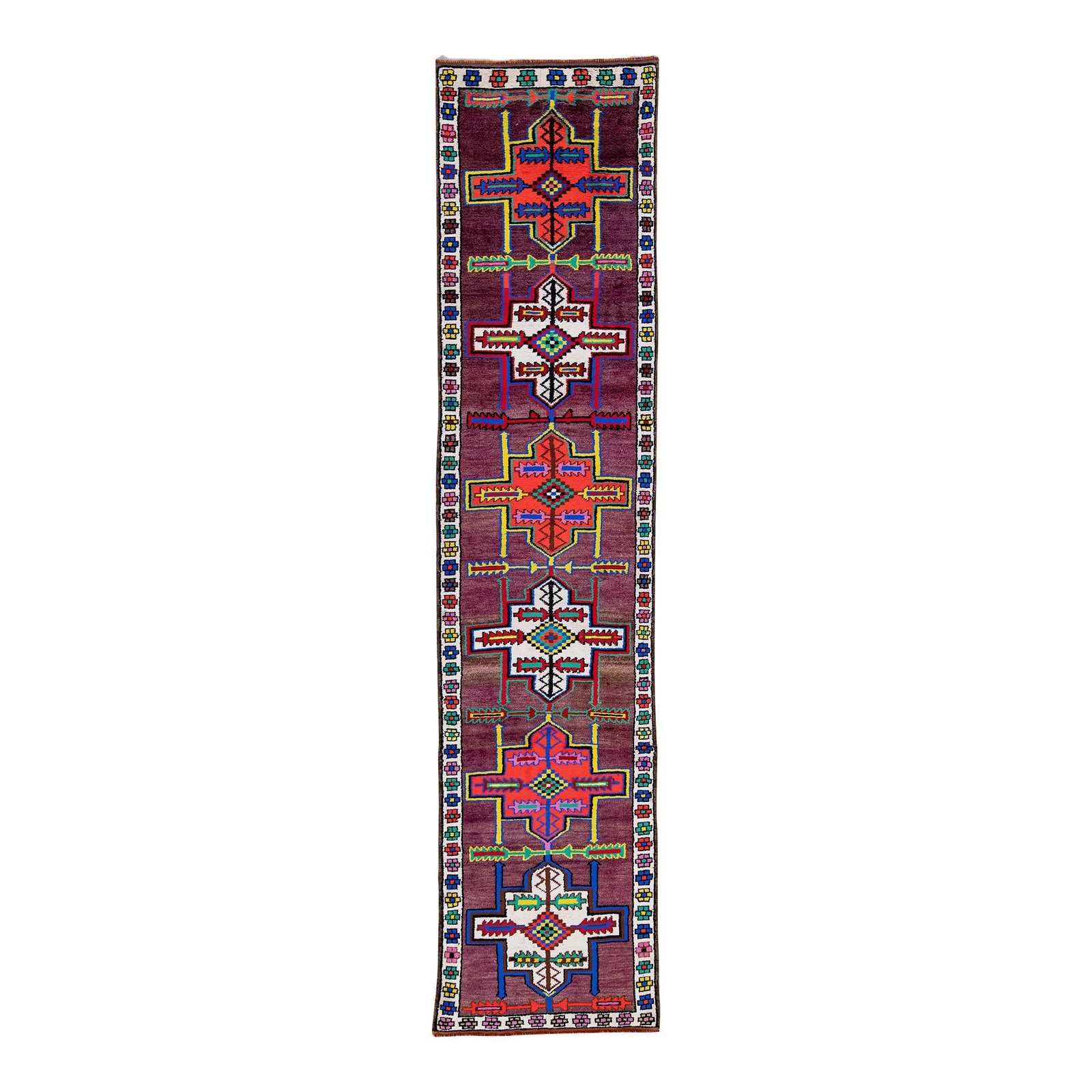 Vintage Turkish Hand-Knotted Purple Wool Runner 2'10 x 13 Geometric Design: Vintage Turkish Hand-Knotted Purple Wool Runner 2'10 x 13 Geometric Design Enhance your space with this beautiful vintage Turkish hand-knotted wool runner. Featuring a striking purple field, this rug