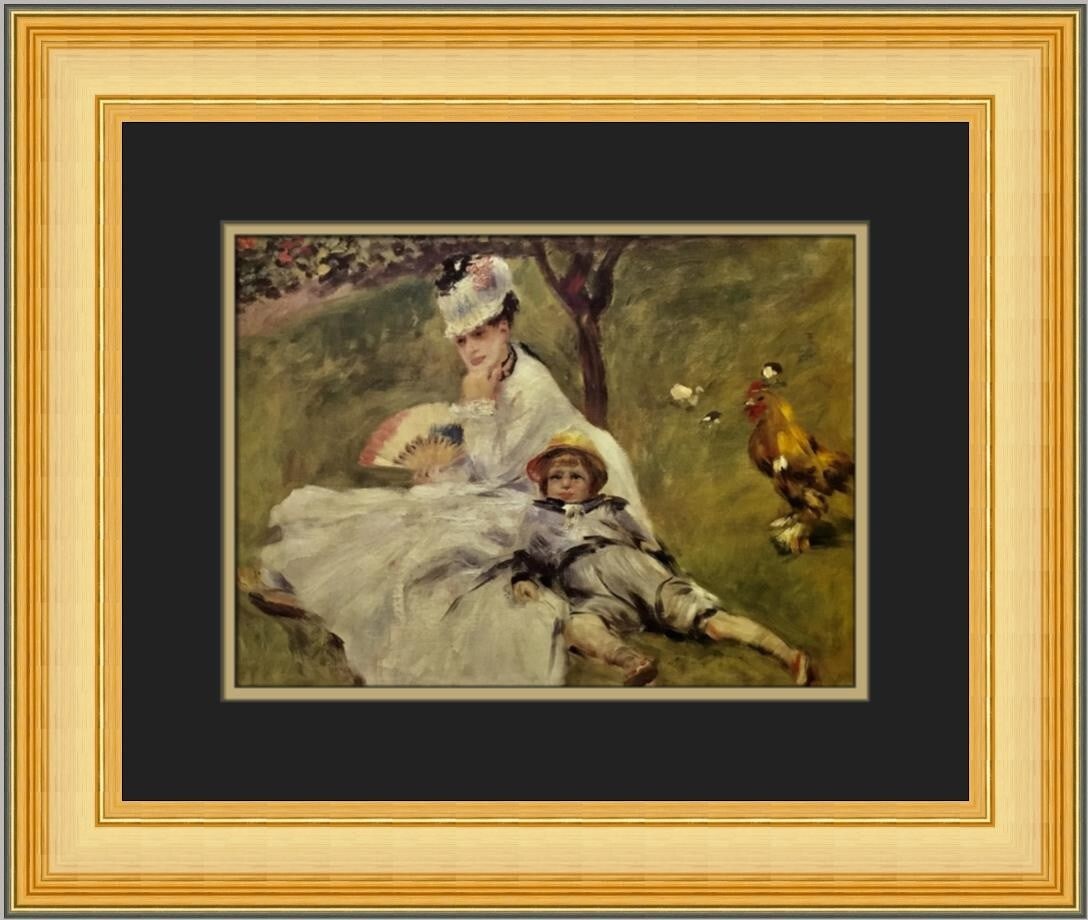Renoir Mme Monet and Son Custom Framed Print 16x19 Impressionism Art: Renoir Mme Monet and Son Custom Framed Print 16x19 Impressionism Art This stunning custom framed print showcases Pierre-Auguste Renoir's beautiful artwork titled 'Mme Monet and Her Son in Their