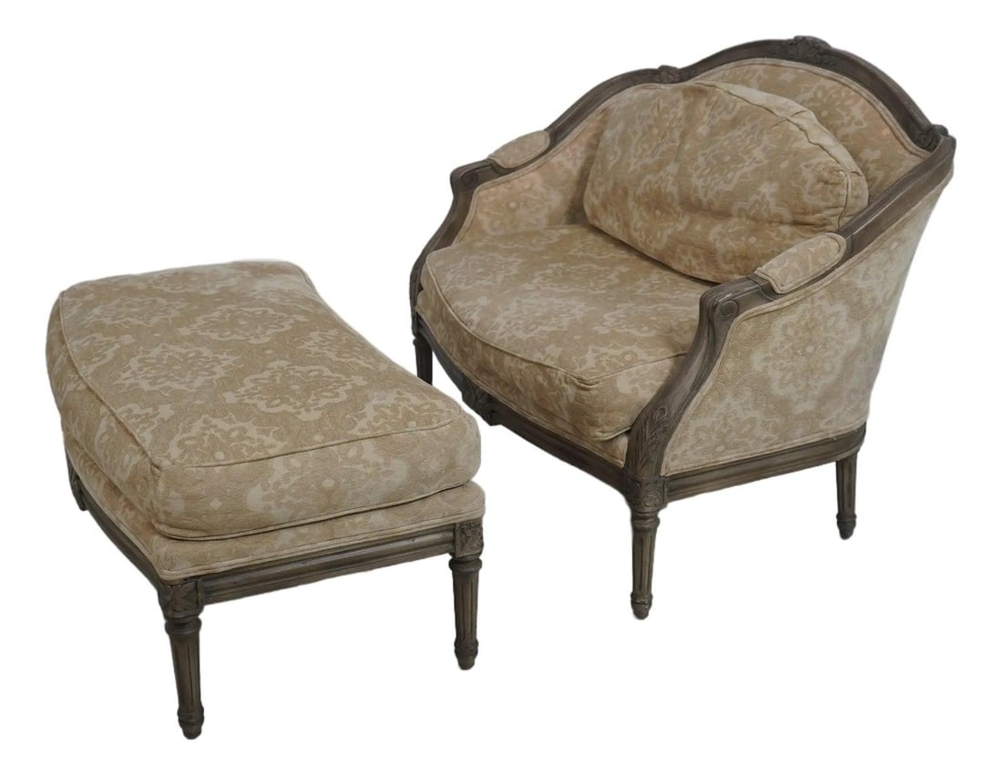 French Style Upholstered Loveseat with Ottoman by Harden: French Style Upholstered Loveseat with Ottoman by Harden This French Louis XVI style loveseat and ottoman set features quality construction and an 'antique' paint decorated finish. The oversized chair