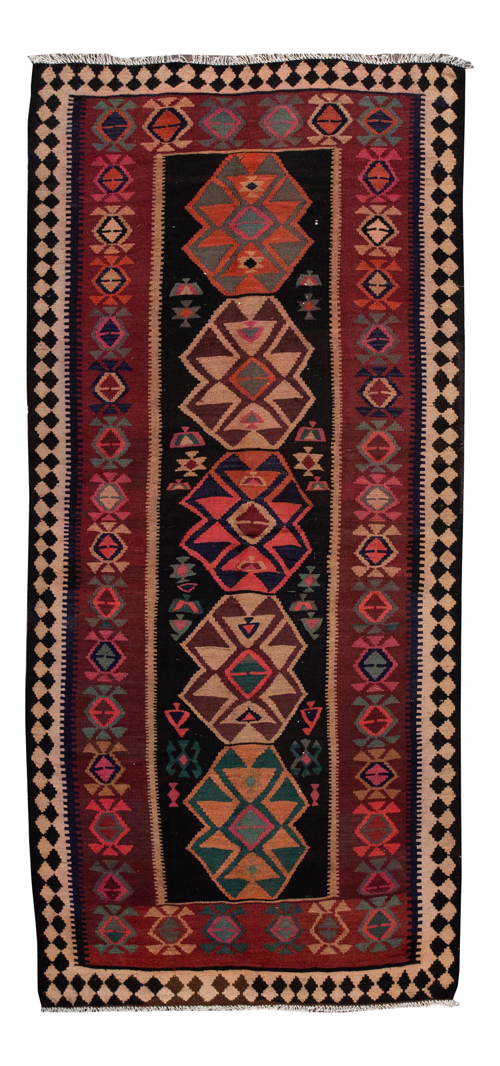 Mid-Century Vintage Kilim Runner Rug Red Wool 5'1" x 12'2": Mid-Century Vintage Kilim Runner Rug Red Wool 5'1" x 12'2" Discover the charm of this Mid-20th Century Vintage Kilim Runner Rug, featuring a vibrant red field adorned with a striking all-over geometri