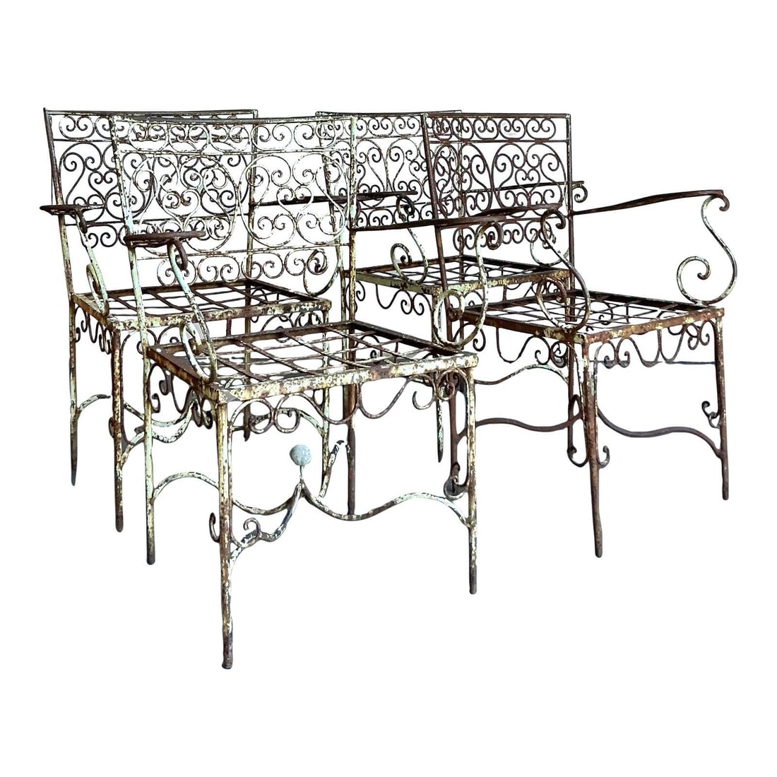 Set of 4 Vintage Regency Wrought Iron Scroll Dining Chairs: Set of 4 Vintage Regency Wrought Iron Scroll Dining Chairs Enhance your living space with this exquisite set of four Vintage Regency-style Dining Chairs. Crafted from beautifully distressed wrought ir