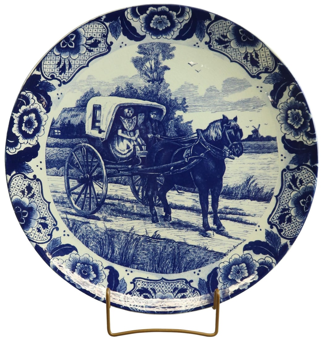 Vintage 1950 Dutch Delft Ceramic Plate with Carriage Motif 15.25" (1 of 4)