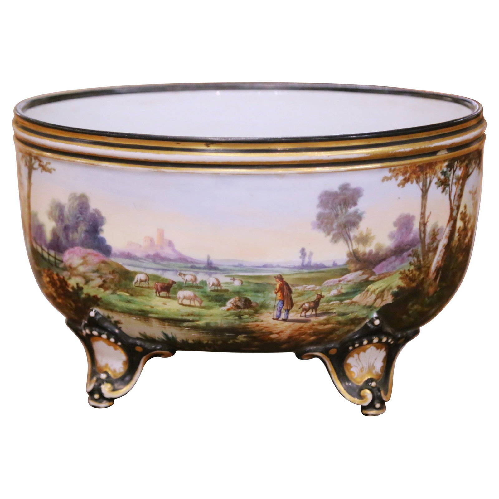 French Porcelain Jardiniere Pastoral Scene Hand Painted Late 19th Century: French Porcelain Jardiniere Pastoral Scene Hand Painted Late 19th Century This late 19th century French jardiniere, attributed to Porcelaine de Paris and crafted circa 1890, exemplifies the refined de
