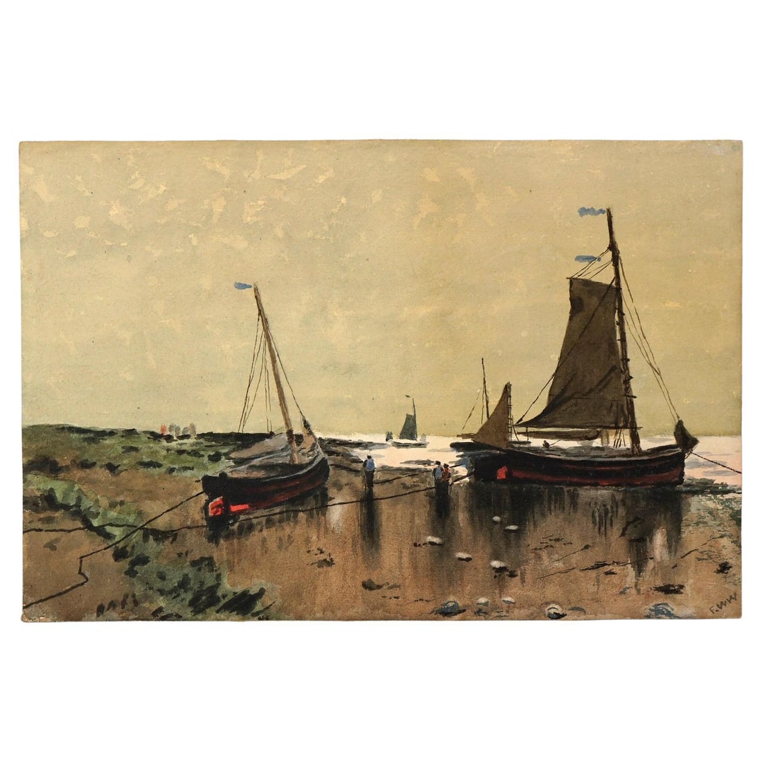 19th Century Antique Watercolor Seascape with Fishing Boats by FWW (1 of 7)