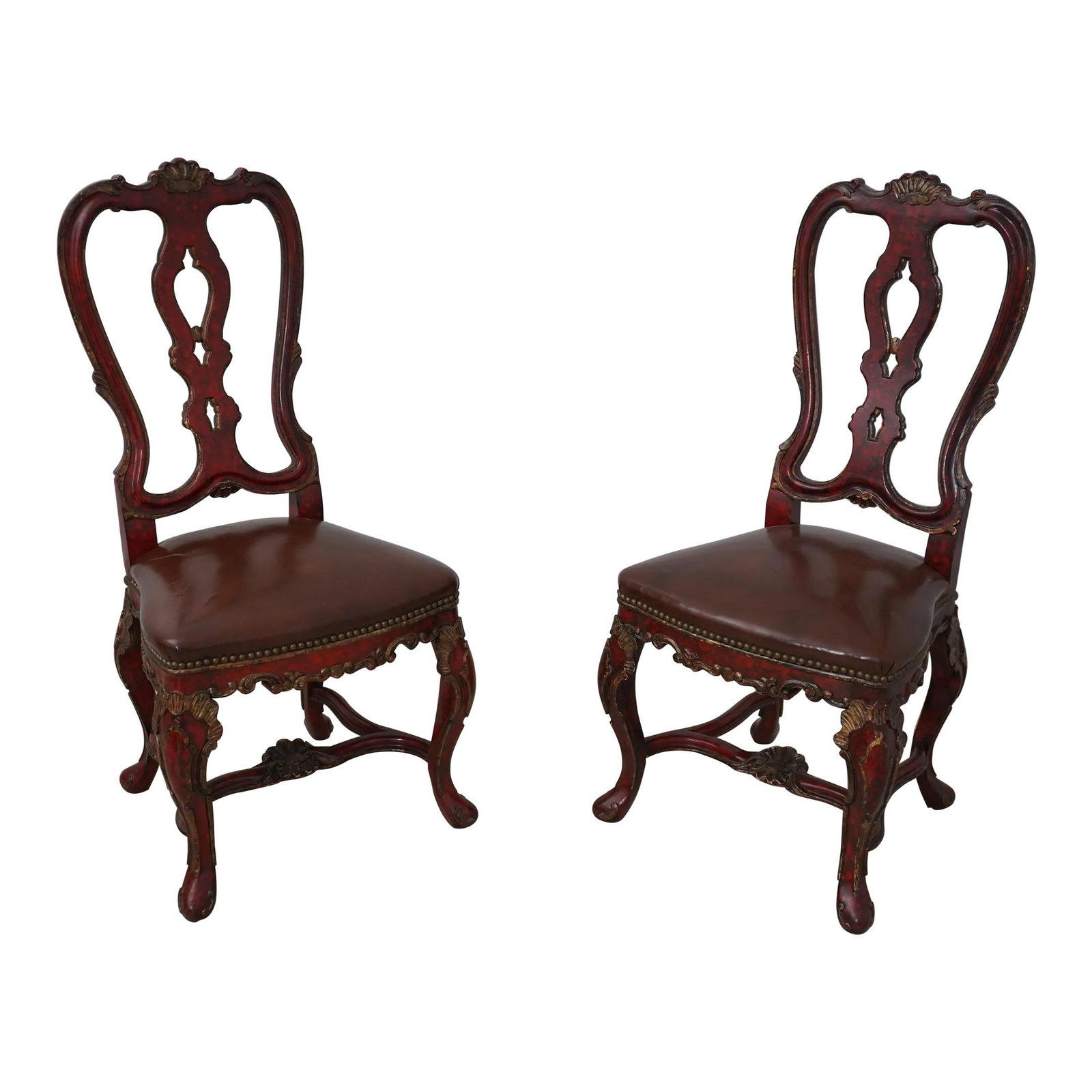 Vintage Flemish Baroque Pair of Leather Side Chairs: Vintage Flemish Baroque Pair of Leather Side Chairs This exquisite pair of vintage Flemish Baroque side chairs showcases fine craftsmanship typical of their era, approximately 70 years old. Each chair