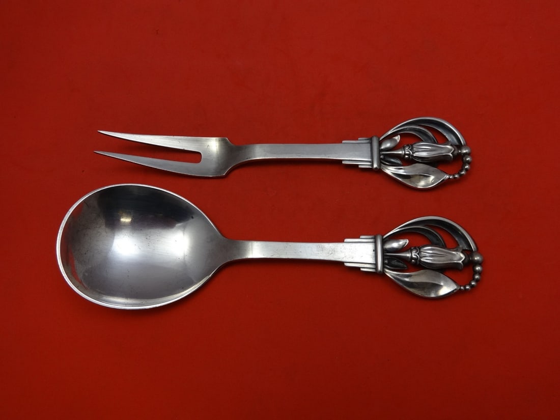 W&S Sorensen Sterling Silver 2pc Salad Serving Set Leaves Blossoms (1 of 1)