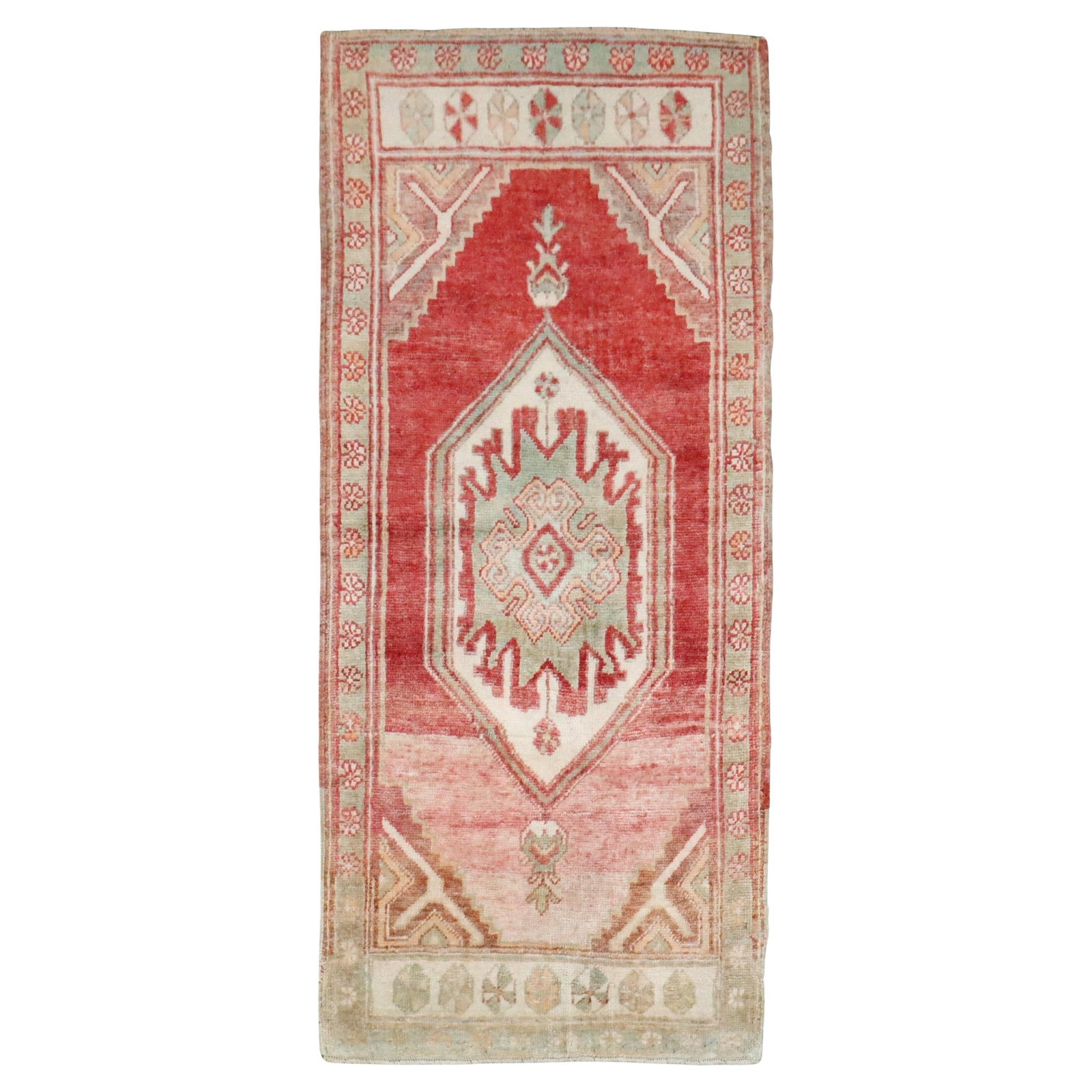 Small Mid 20th Century Turkish Wool Rug in Red and Pink Tones: Small Mid 20th Century Turkish Wool Rug in Red and Pink Tones This vintage Turkish Anatolian rug features a striated red and pink color palette and a rustic style. Hand-woven from wool in the mid-20th