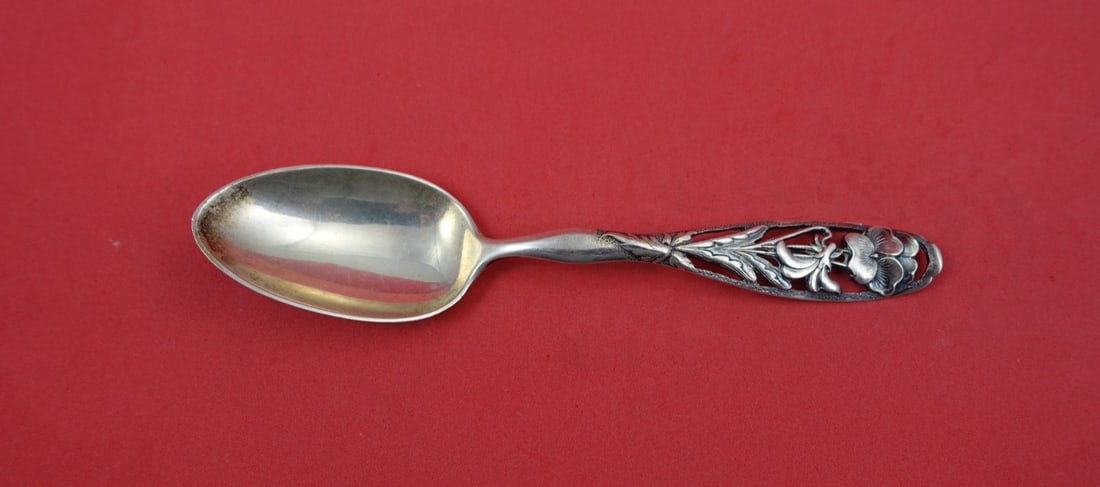 Sterling Silver Flora Pattern Teaspoon with Pansy Pierced Handle 5 3/4 Inch (1 of 2)