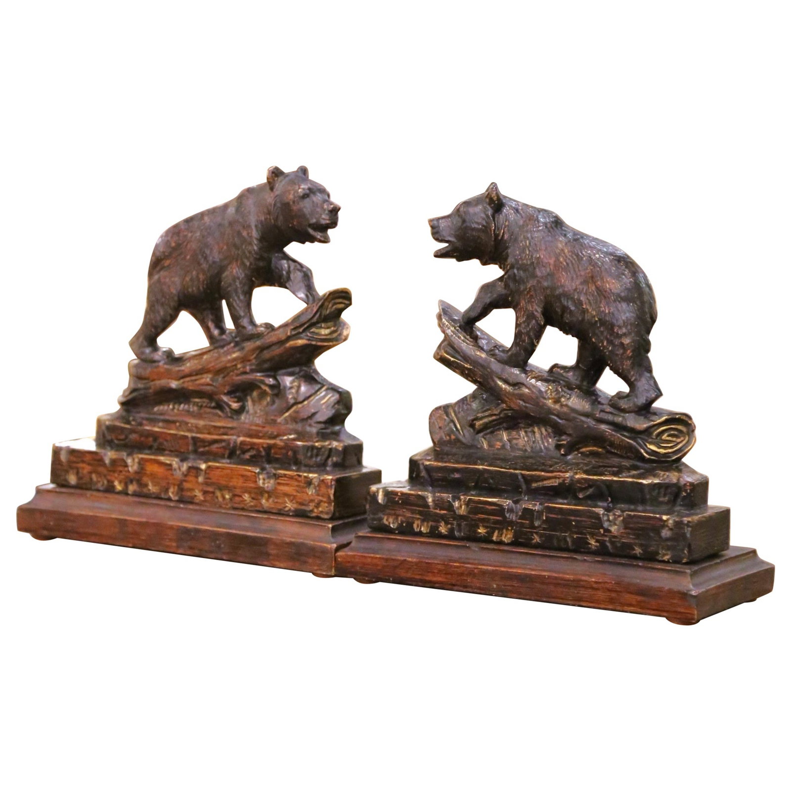 Set of 2 French Black Forest Style Bear Bookends on Carved Log Bases (1 of 13)