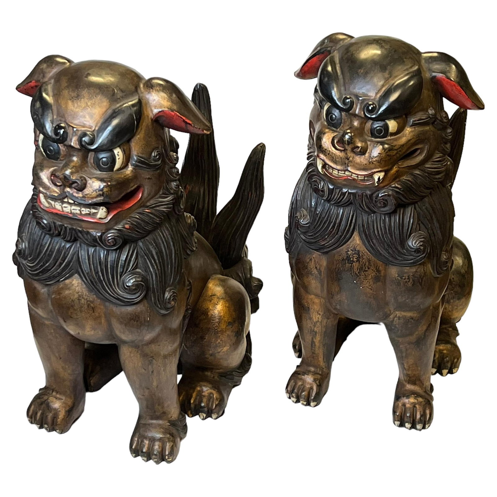 Set of 2 Large Hand-Painted Wooden Chinese Fu Lion Sculptures (1 of 18)