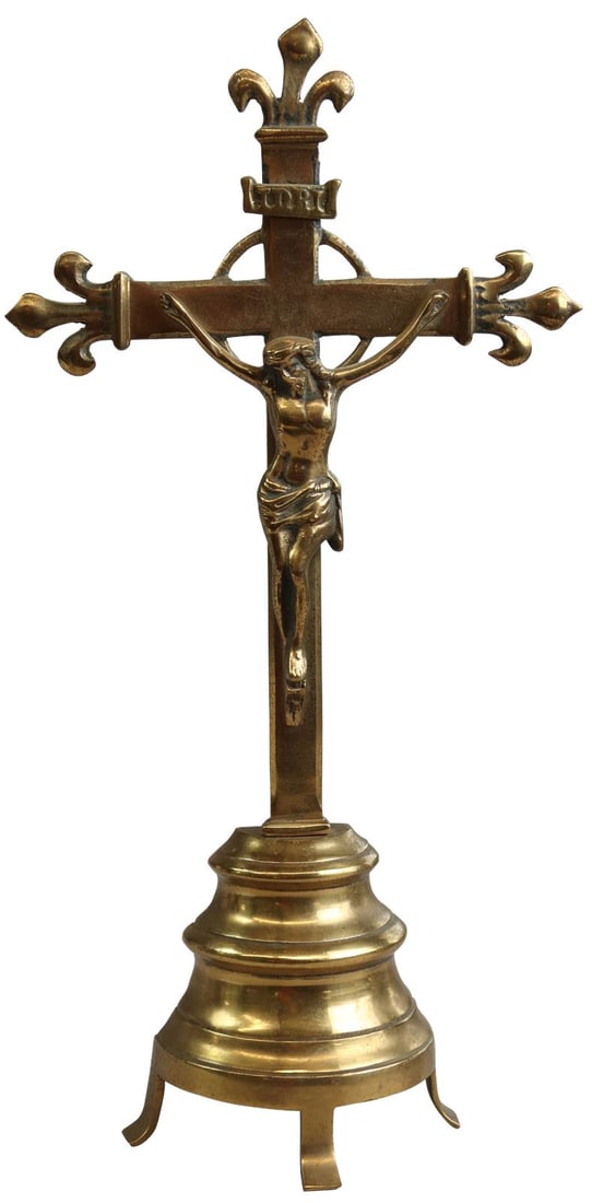 Antique French Brass Crucifix 1900 Fleur De Lis Design (1 of 7)