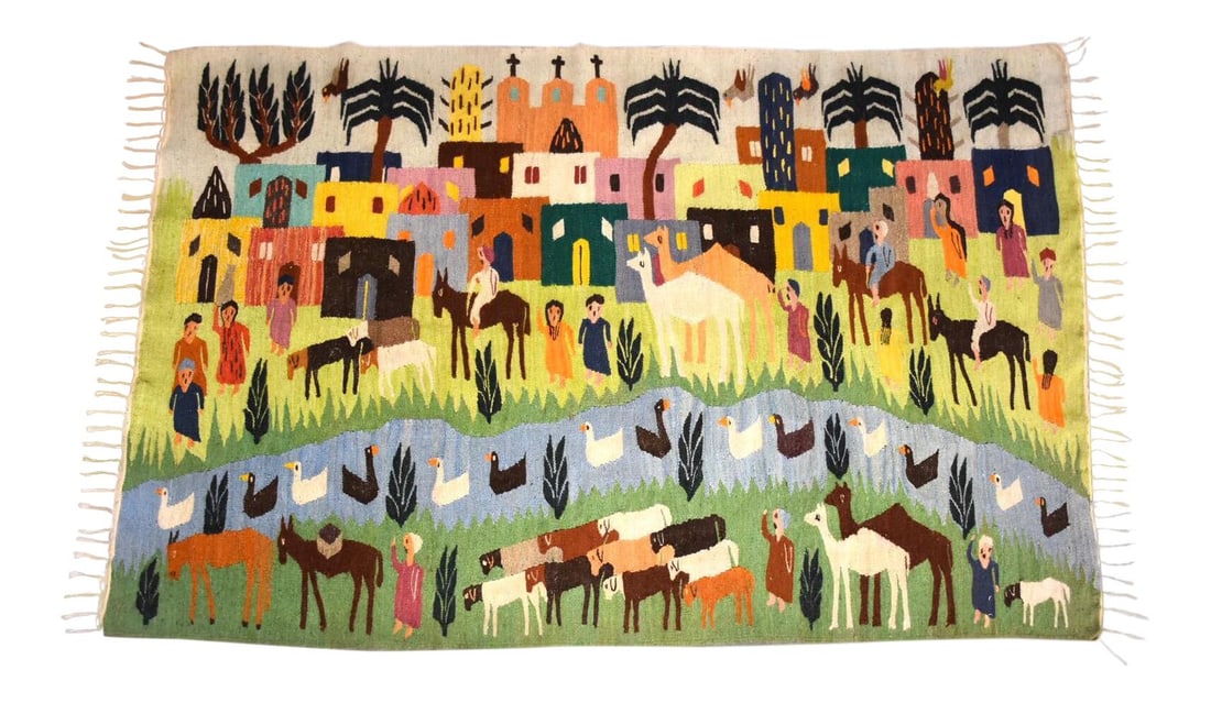 Vintage 1950s Handmade Wool Kilim Rug Village Scene Yellow: Vintage 1950s Handmade Wool Kilim Rug Village Scene Yellow This exquisite 1950s handmade wool Kilim tapestry rug features a vibrant village scene adorned with animals and people, showcasing the artist
