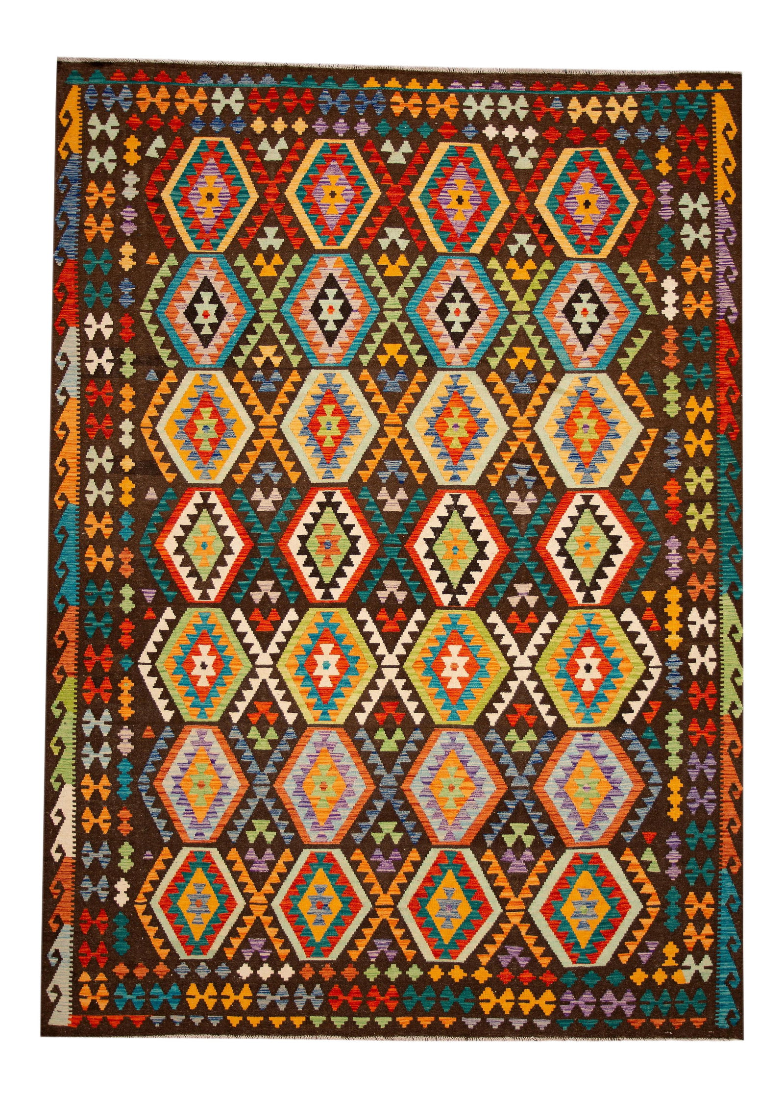 Vibrant Handmade Kilim Wool Rug 8'3 x 11'5 Multi-Color Geometric Design: Vibrant Handmade Kilim Wool Rug 8'3 x 11'5 Multi-Color Geometric Design Enhance your living space with this stunning Modern Kilim hand-made wool rug. Featuring a vibrant multi-color field adorned with