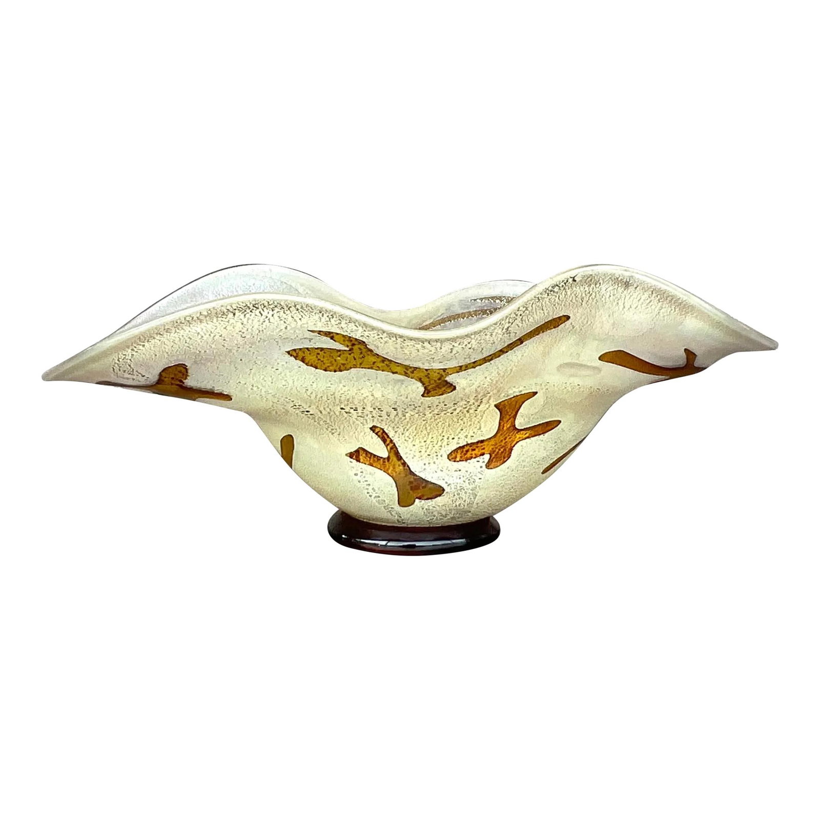 Vintage Boho Art Glass Bowl Signed Ecru Centerpiece: Vintage Boho Art Glass Bowl Signed Ecru Centerpiece Enhance your living space with this exquisite Vintage Boho Signed Art Glass Bowl. This handcrafted piece showcases vibrant colors and unique details