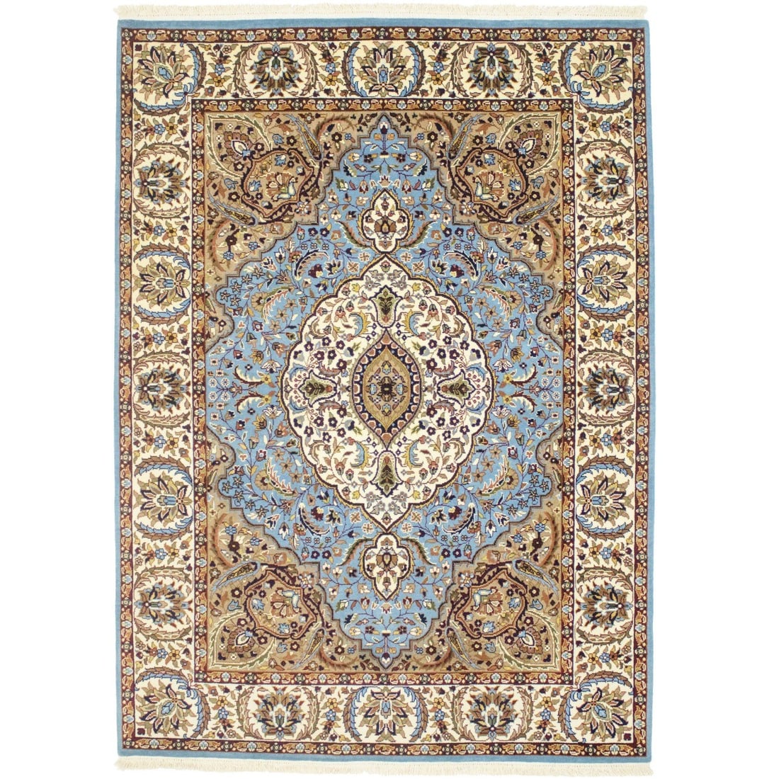 5'7 x 7'8 Hand-Knotted Indo-Kirman Wool Rug Blue Cream Floral Pattern: 5'7 x 7'8 Hand-Knotted Indo-Kirman Wool Rug Blue Cream Floral Pattern This hand-knotted Indo-Kirman oriental rug features a striking blue, cream, khaki, burgundy, and tan color palette with a floral p