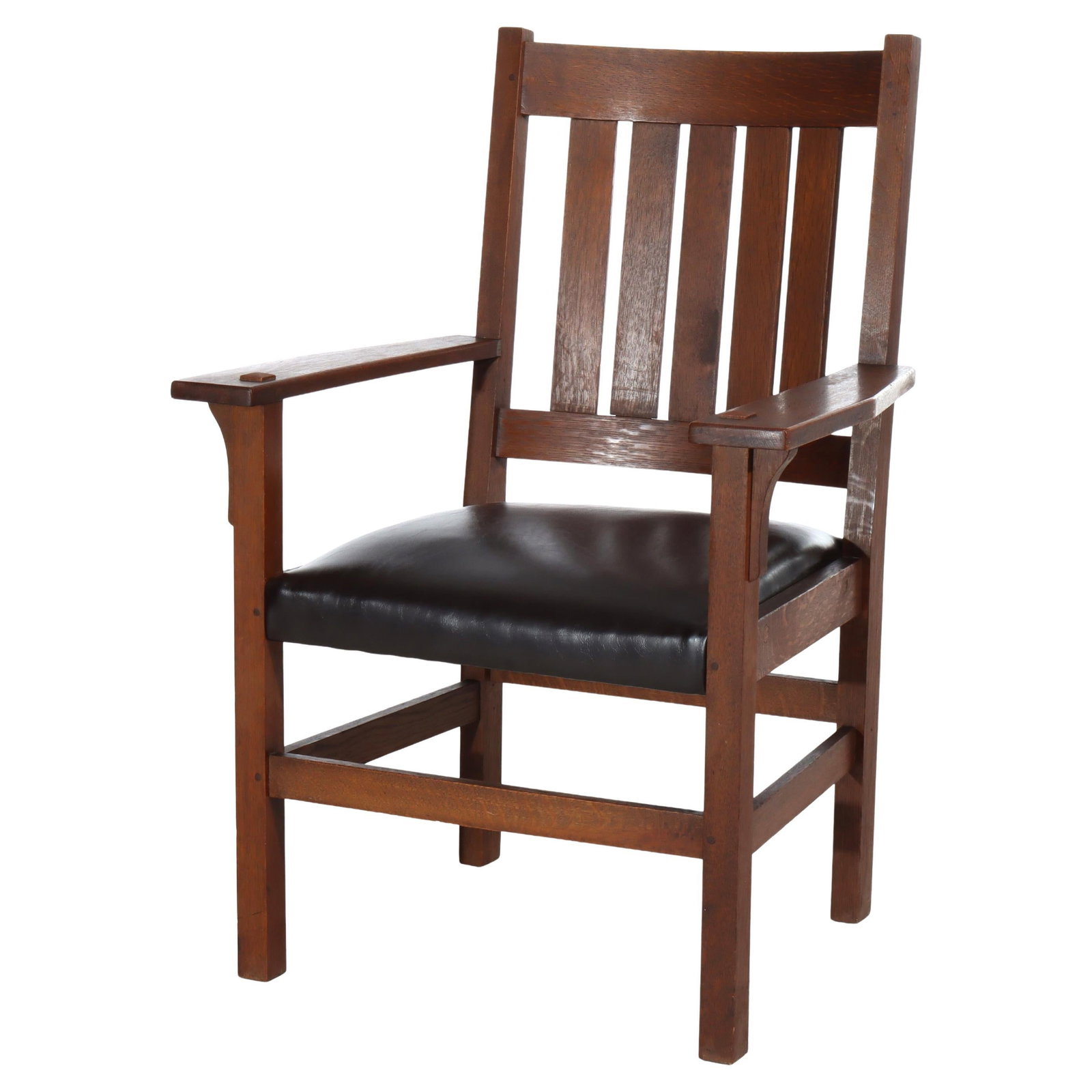 Oak and Leather Slat Back Armchair in Stickley Style Circa 1920 (1 of 11)