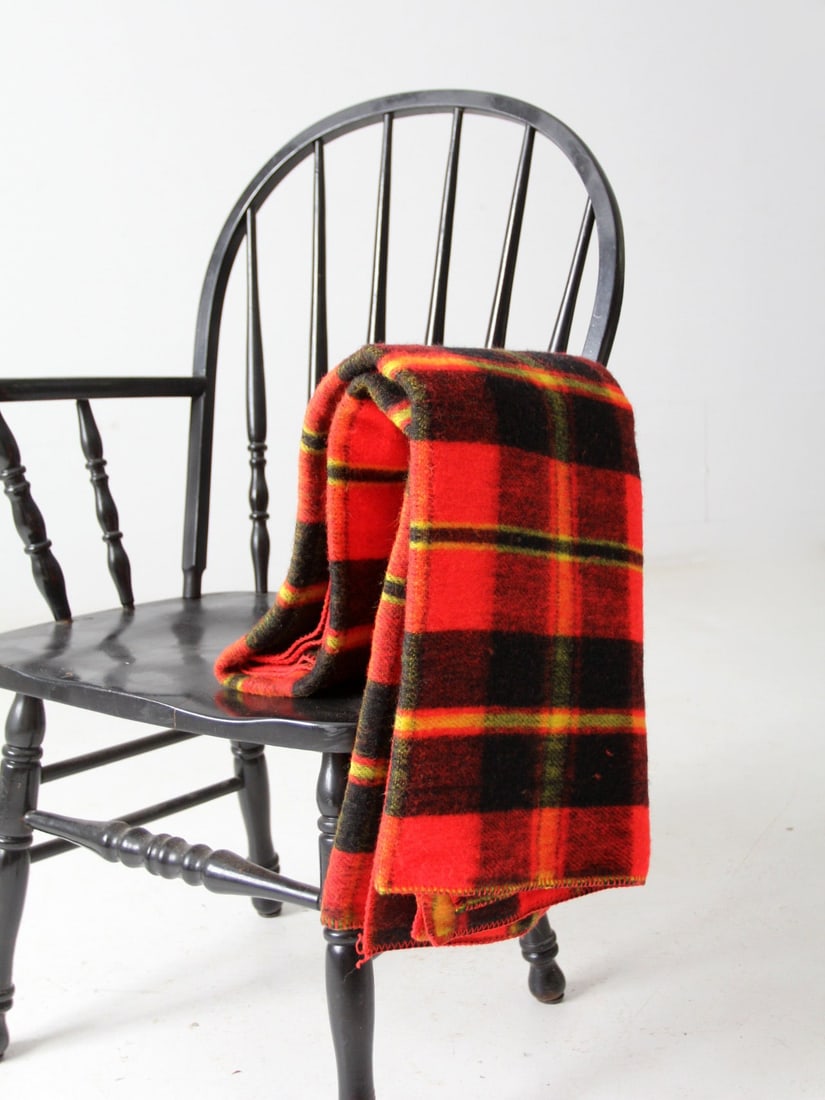 Vintage Wool Plaid Throw Blanket Red Black Yellow 70x45 (1 of 9)
