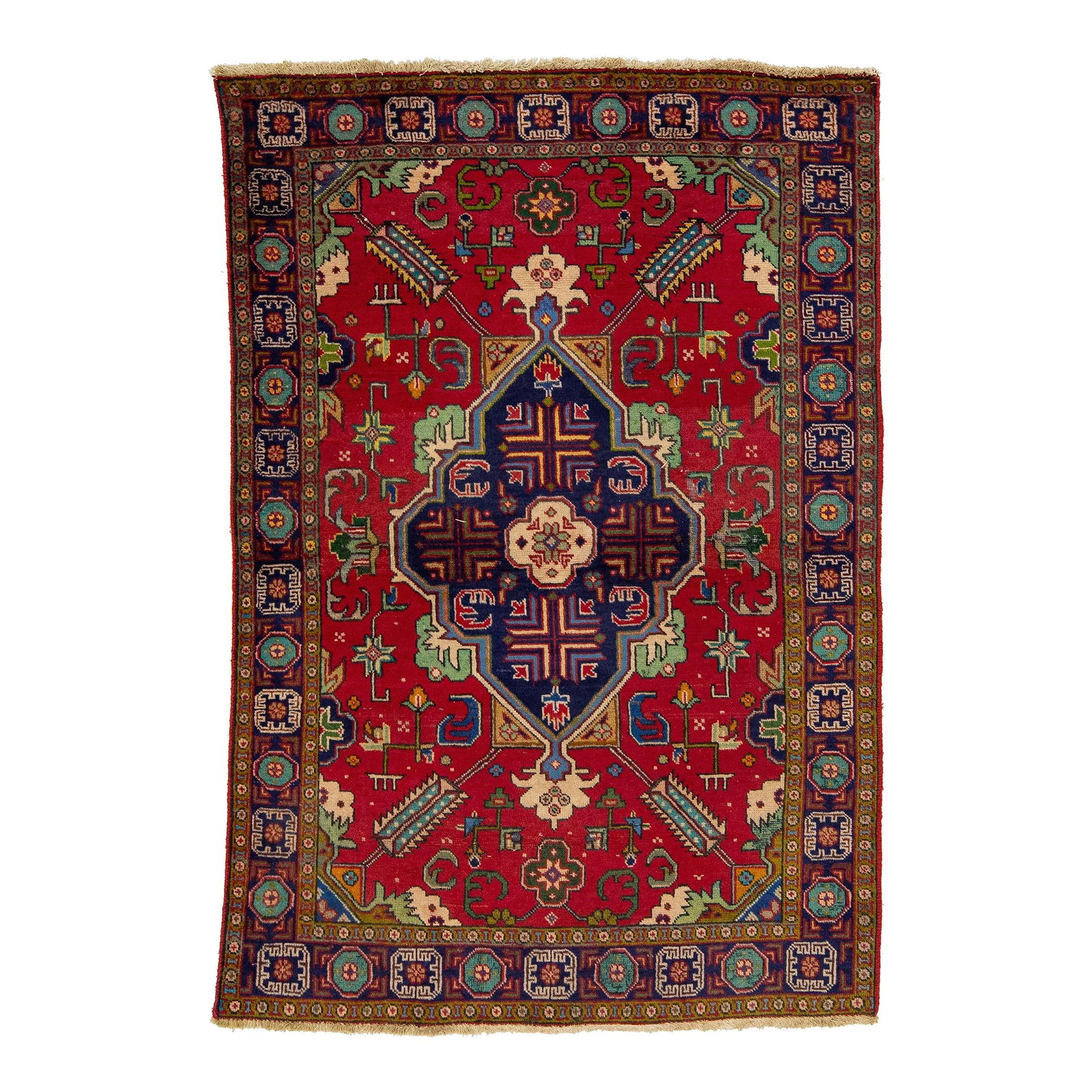 Vintage Red Tabriz Handmade Wool Rug with Multicolor Accents 4'5 x 6'6: Vintage Red Tabriz Handmade Wool Rug with Multicolor Accents 4'5 x 6'6 This exquisite vintage Tabriz rug showcases a stunning allover motif in vibrant red, accented by a variety of multicolor designs.