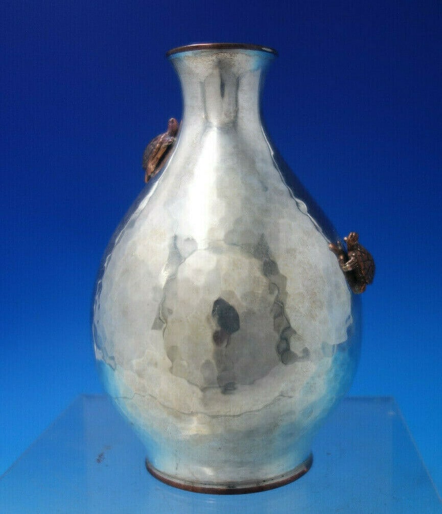 Gorham Applied Metals Sterling Silver Vase with Copper Turtles 5" Aesthetic: Gorham Applied Metals Sterling Silver Vase with Copper Turtles 5" Aesthetic This exquisite vase from Gorham, part of the Applied Metals collection, showcases the artistry of the Aesthetic Movement. Cr