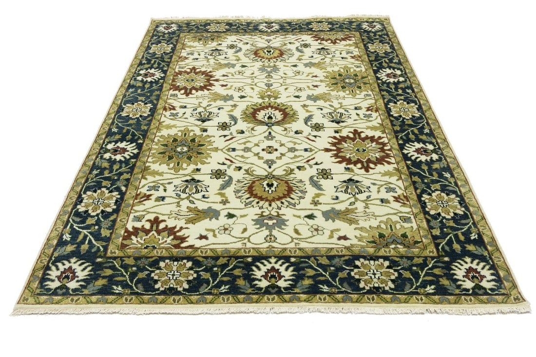 Floral Hand-Knotted Wool Area Rug Cream and Teal 6'1 x 9'2: Floral Hand-Knotted Wool Area Rug Cream and Teal 6'1 x 9'2 This vintage style floral Peshawar rug features a hand-knotted wool construction with a medium pile height. Showcasing a rectangular shape an