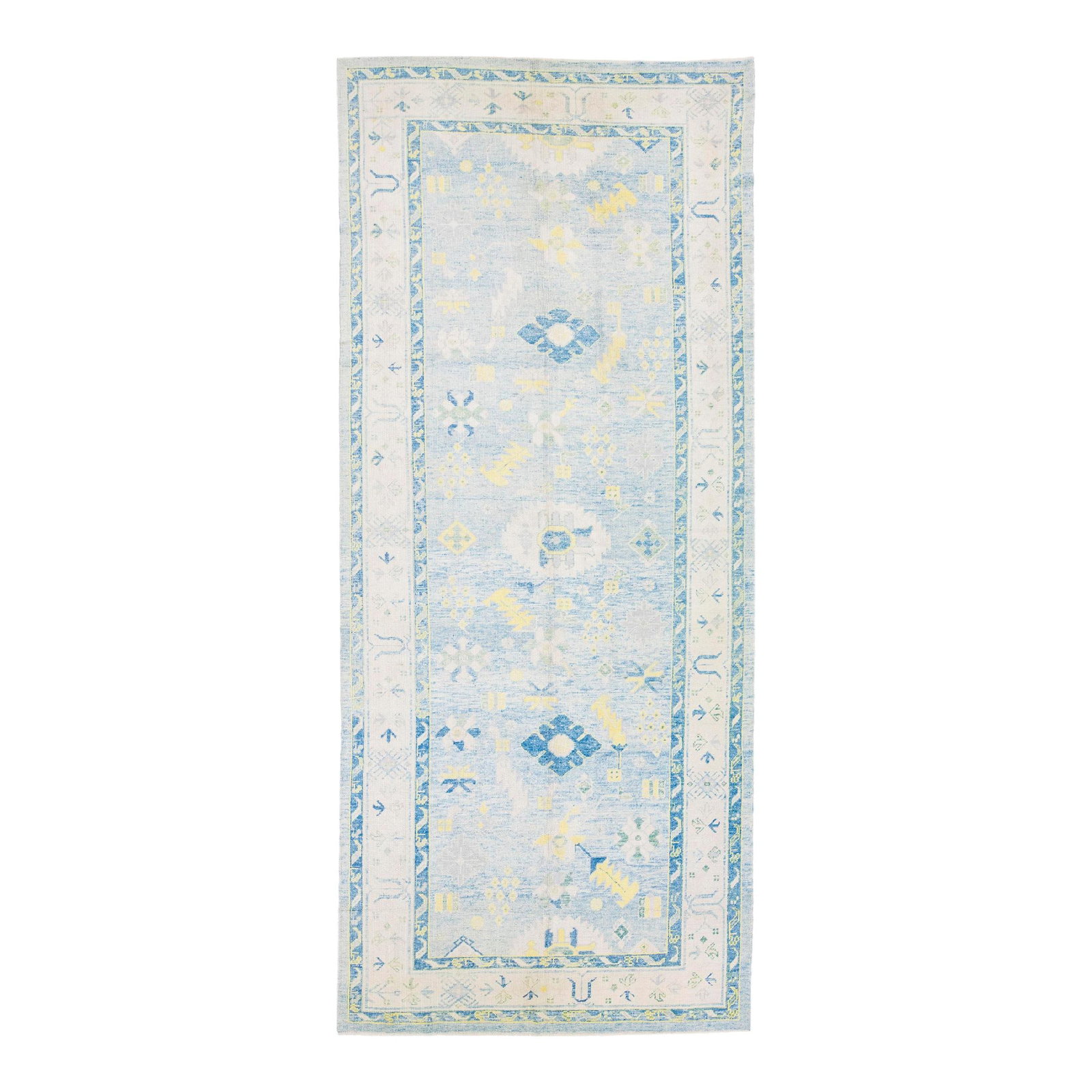 Modern Oushak Handmade Wool Rug 6'11 x 16'4 Floral Design: Modern Oushak Handmade Wool Rug 6'11 x 16'4 Floral Design This stunning modern Turkish Oushak rug features a hand-knotted wool construction with a captivating light blue field and a gray frame. Enhanc