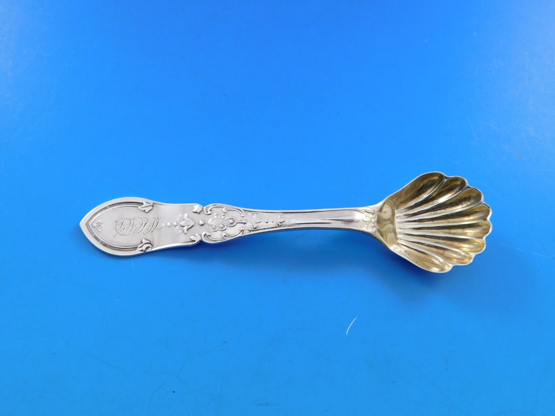 Shiebler Dew Drop Sterling Silver Master Salt Spoon 4" Gold-Washed Shell Bowl (1 of 5)