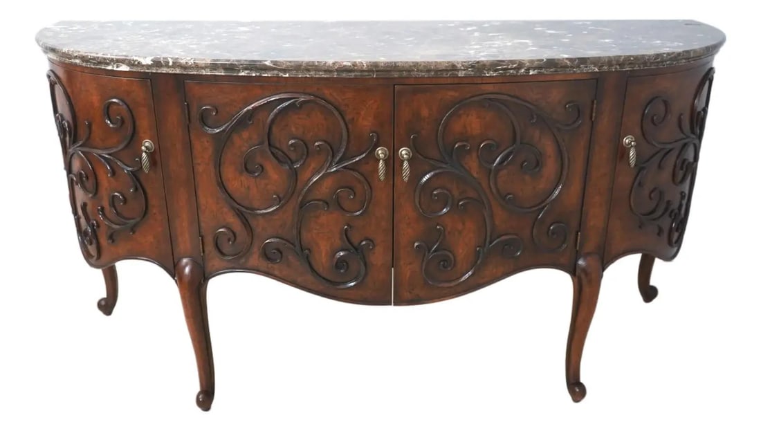 Demilune Marble Sideboard With Chestnut or Walnut Finish and Carved Burl Front (1 of 10)