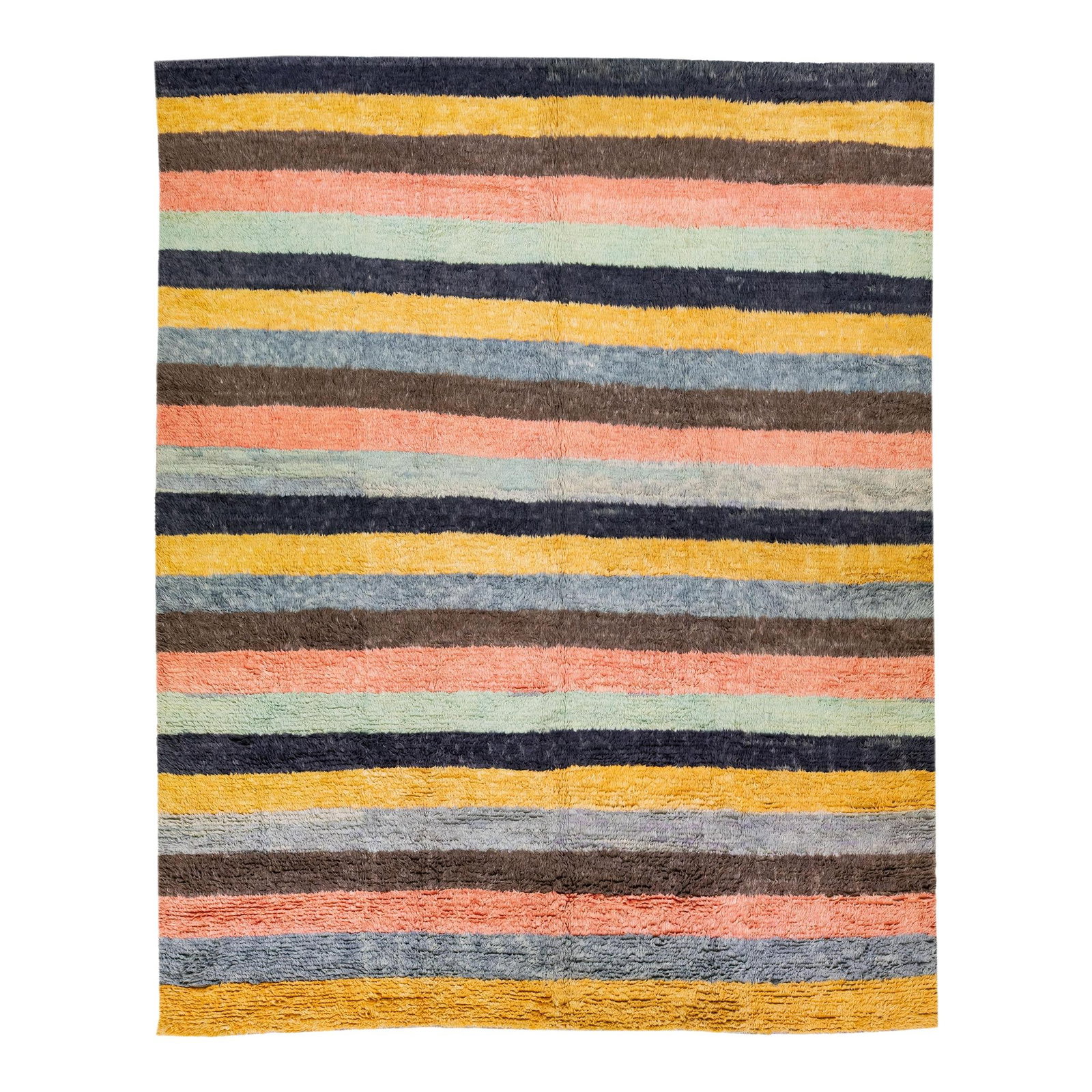 Vibrant Modern Tulu Hand-Knotted Wool Rug 12'3 x 15 Multicolor Stripes: Vibrant Modern Tulu Hand-Knotted Wool Rug 12'3 x 15 Multicolor Stripes Enhance your living space with this exquisite Modern Tulu Handmade Turkish Wool Rug. Featuring a stunning multicolor striped moti
